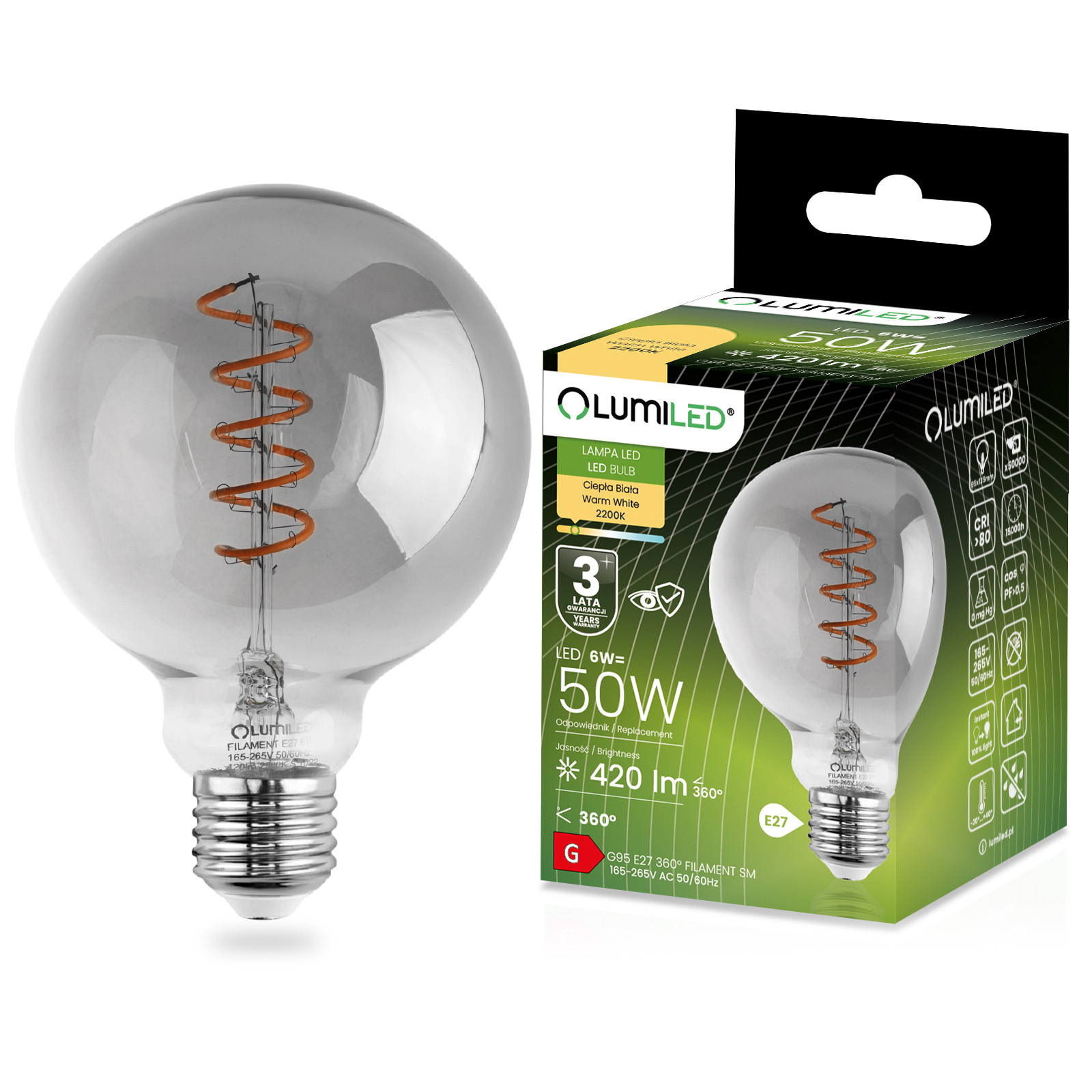 Żarówka LED E27 Kula G95 6W = 50W 420lm 2200K Ciepła 360° DYMIONA FILAMENT LUMILED - główne zdjęcie produktu