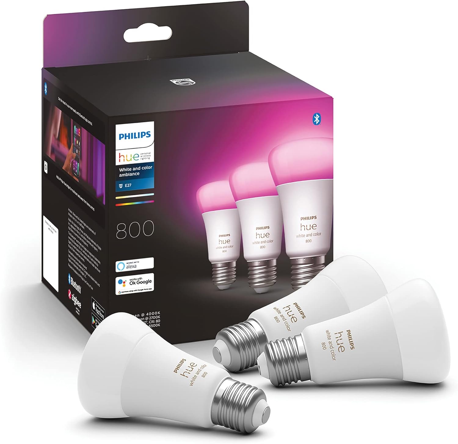 3x Żarówka LED E27 A60 9W = 60W 806lm 2000-6500K CCT + RGB SMART Inteligentna Bluetooth ZigBee White and Color Ambiance Philips HUE - główne zdjęcie produktu