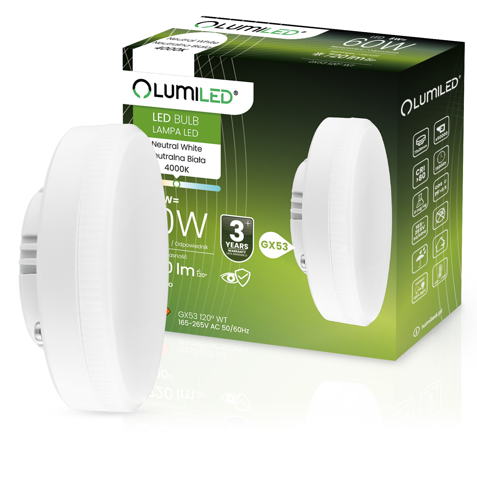 Żarówka LED GX53 Reflektor 8W = 60W 720lm 4000K Neutralna 120° LUMILED - główne zdjęcie produktu
