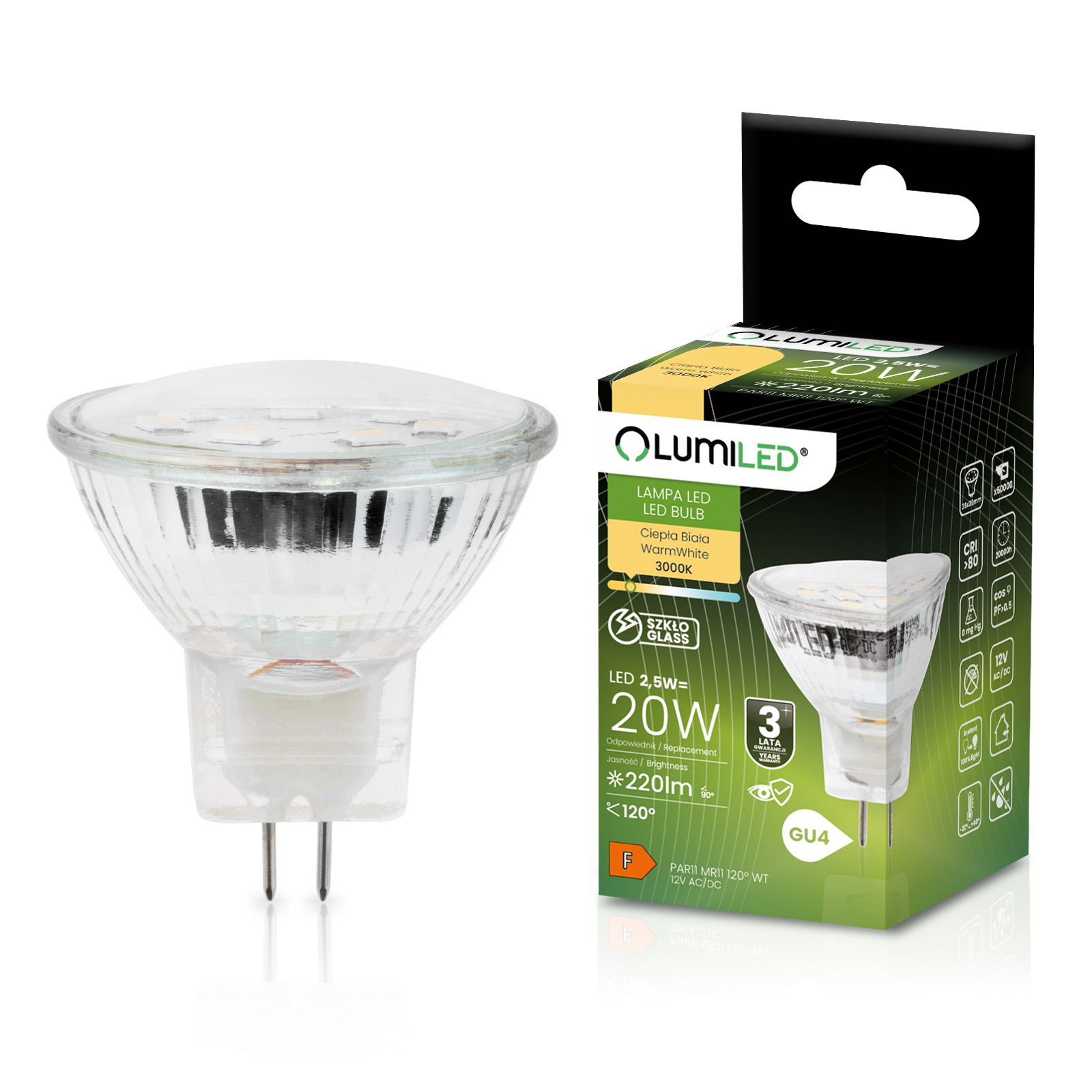 Żarówka LED GU4 Reflektor MR11 2,5W = 20W 220lm 3000K Ciepła 120° 12V LUMILED - główne zdjęcie produktu