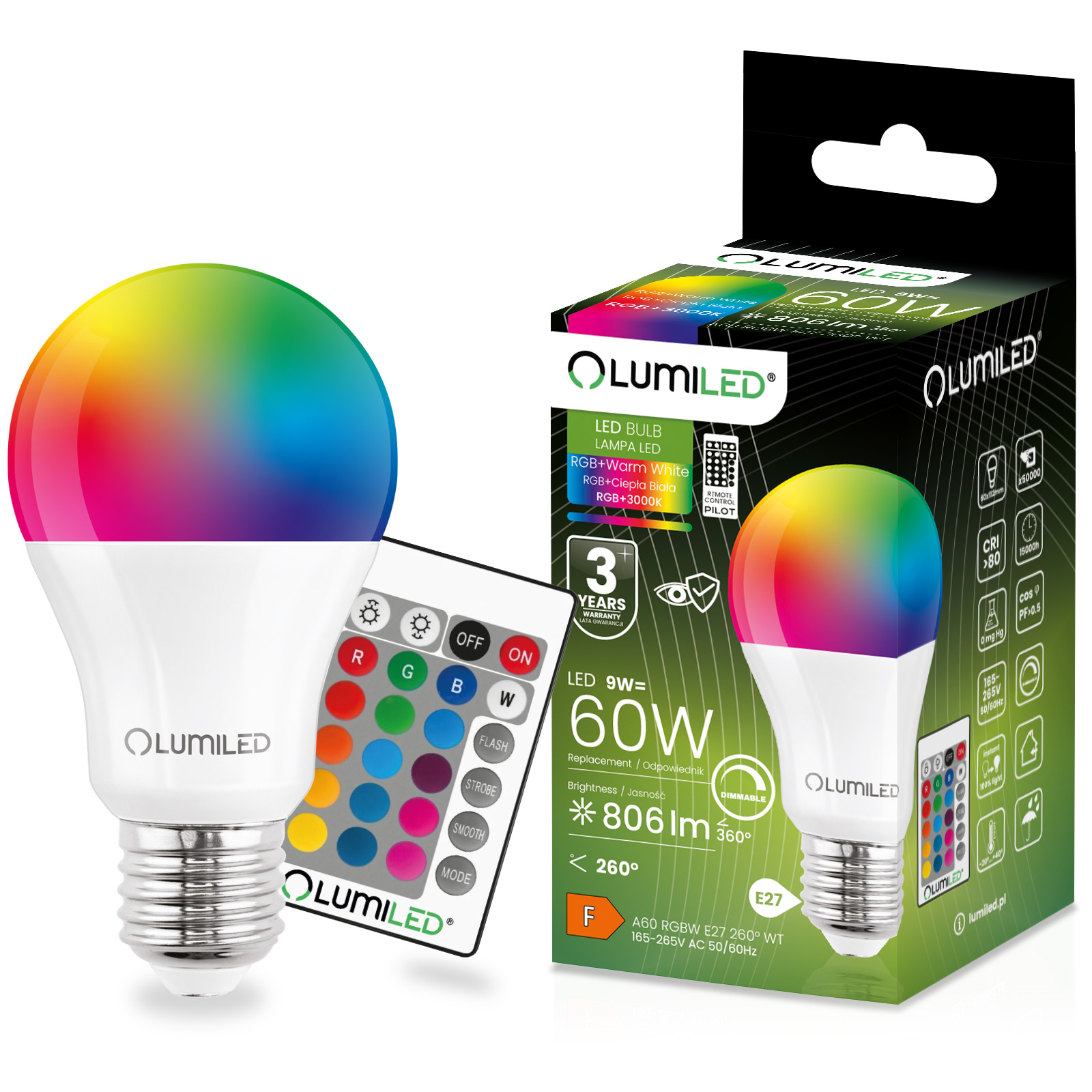Żarówka LED E27 A60 9W = 60W 806lm 3000K + RGB Wielokolorowa 260° Ściemnialna Pilot LUMILED - główne zdjęcie produktu