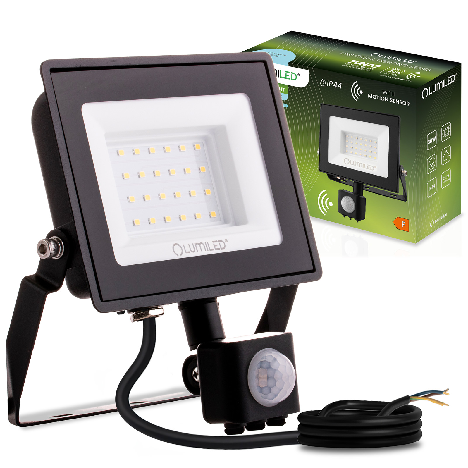 Naświetlacz LED ZUNA2 30W 2700lm 6500K IP44 Czarny Czujnik Ruchu LUMILED - główne zdjęcie produktu