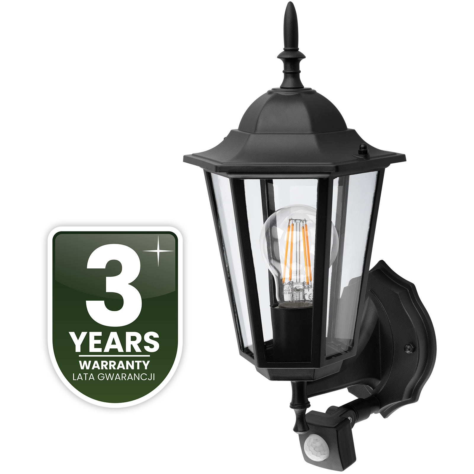 Lampa Ogrodowa Kinkiet Elewacyjny Zewnętrzny E27 LED Latarnia Czujnik Ruchu BELLIS Czarna LUMILED - czwarta cecha produktu