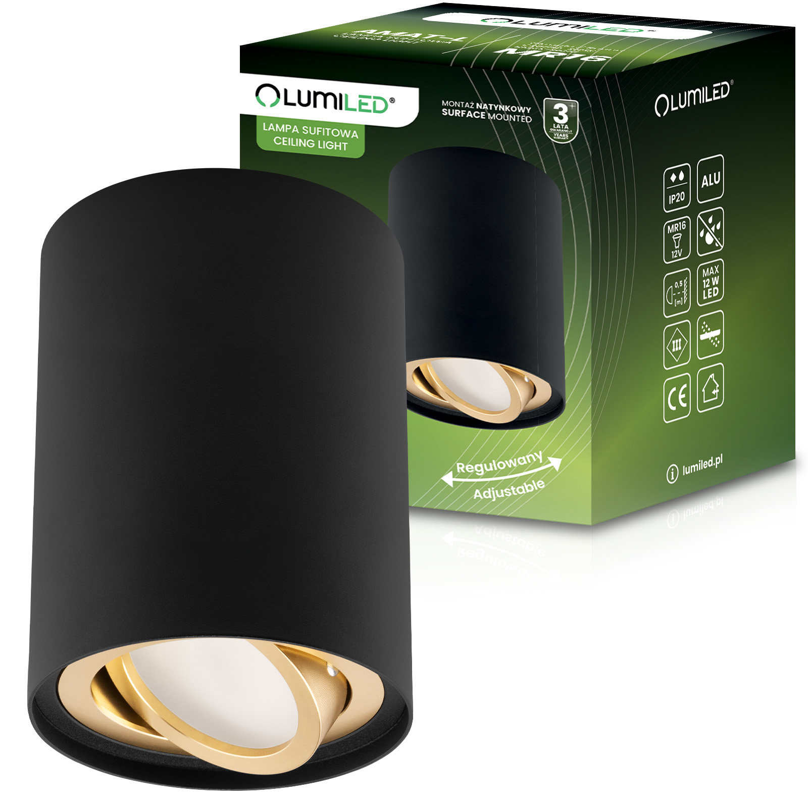 Oprawa Natynkowa HALOGENOWA Spot Tuba Ruchoma GU10 Okrągła Czarno-Złota 115mm AMAT-L LUMILED - główne zdjęcie produktu