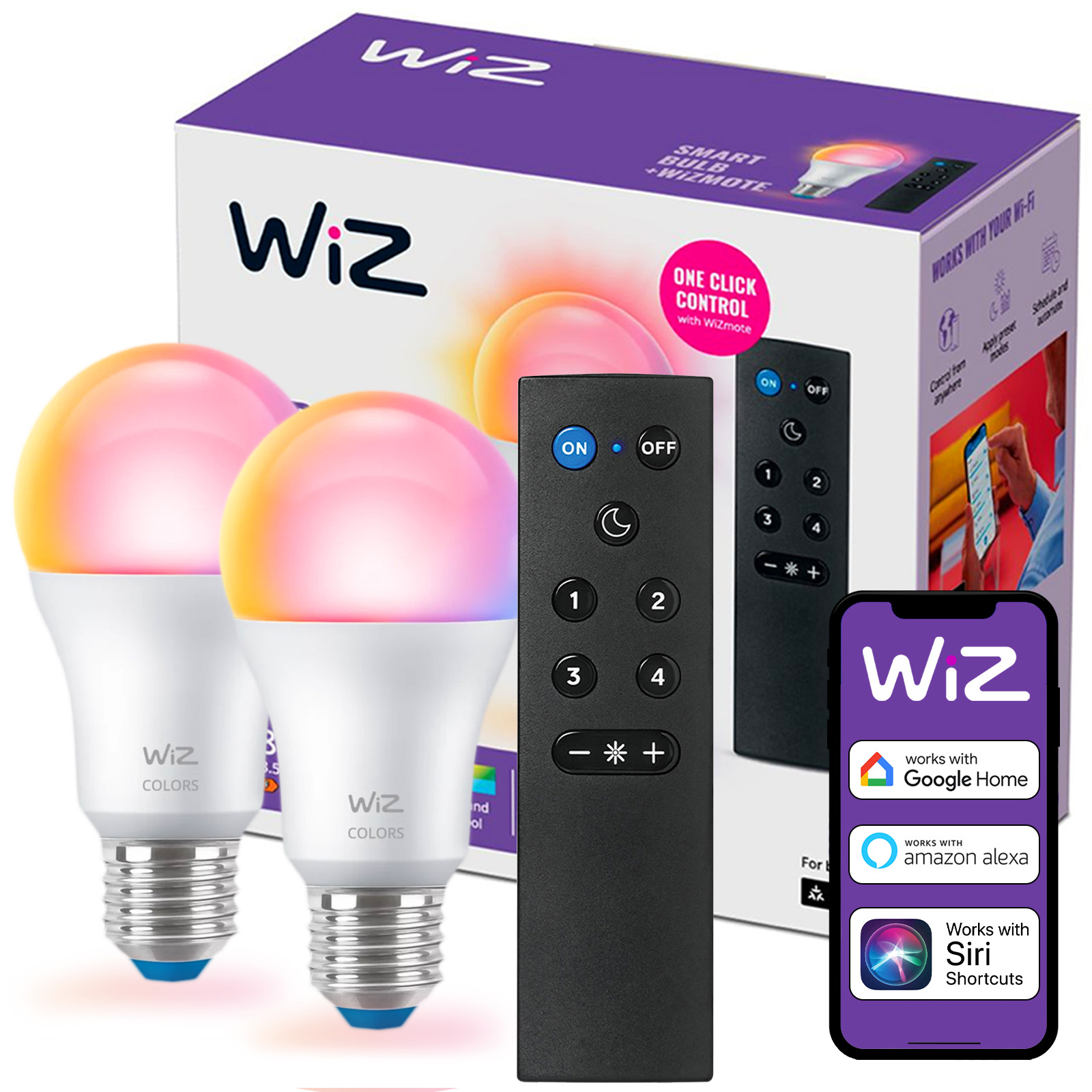 2x Żarówka LED E27 A60 8.5W = 60W 806lm 2200-6500K RGB + TW Inteligentna SMART WiFi Bluetooth Aplikacja WiZ + Pilot Sterujący - główne zdjęcie produktu