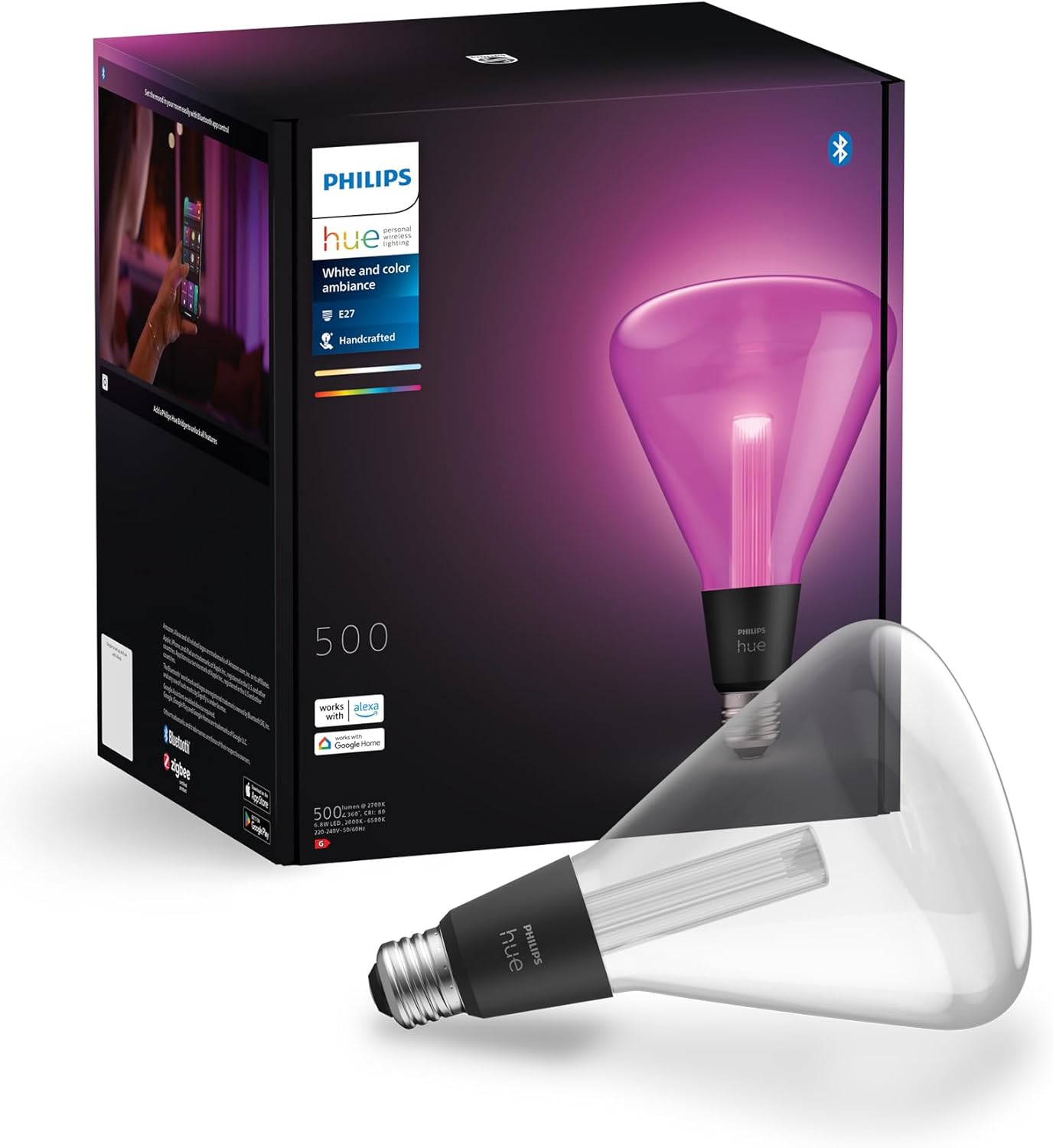 Żarówka LED E27 Trójkątna 6.8W = 60W 500lm 2000-6500K CCT + RGB FILAMENT SMART Inteligentna Bluetooth ZigBee White and Color Ambiance Philips HUE - główne zdjęcie produktu