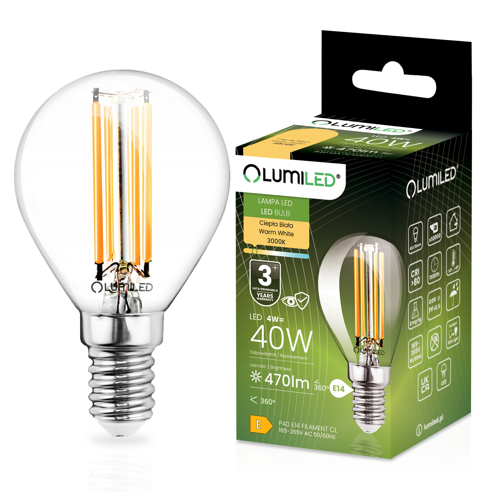 Żarówka LED E14 Kulka P45 4W = 40W 470lm 3000K Ciepła 360° FILAMENT LUMILED - główne zdjęcie produktu