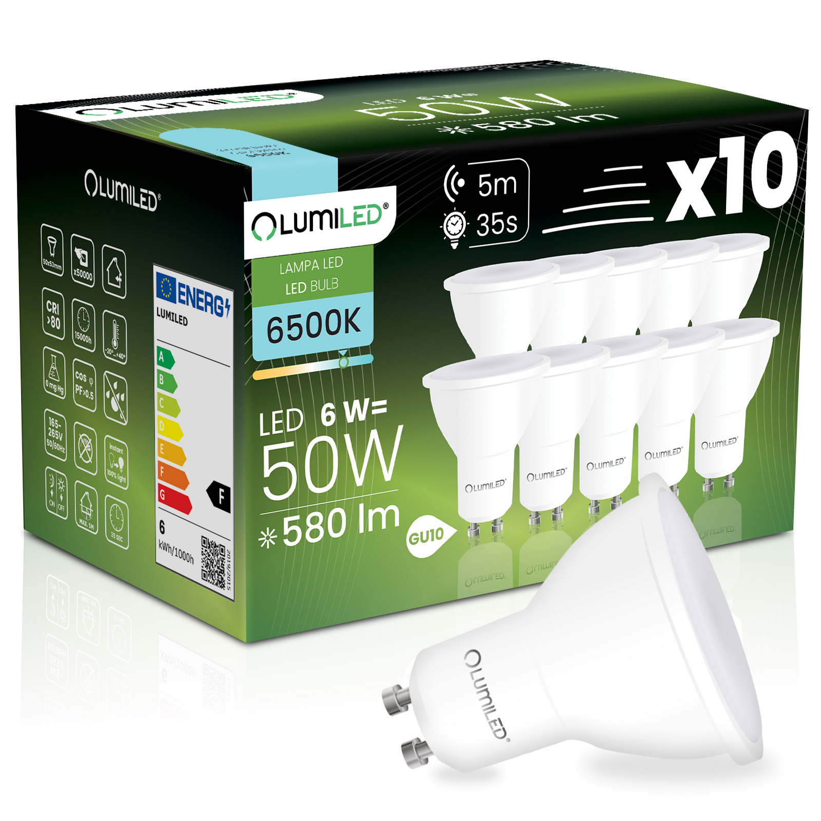 10x Żarówka LED GU10 Reflektor PAR16 6W = 50W 580LM 6500K Zimna 120° z Czujnikiem Ruchu LUMILED - główne zdjęcie produktu