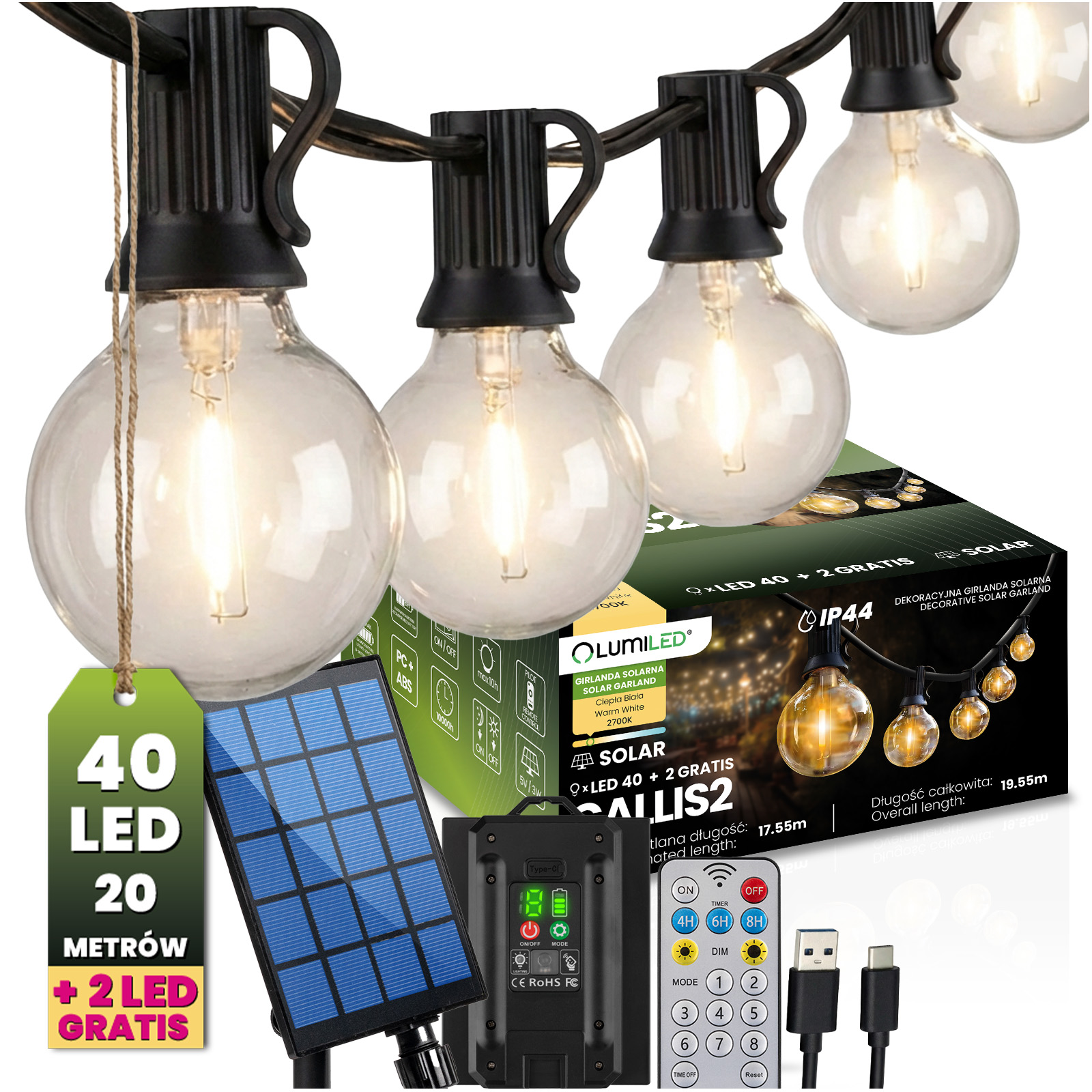 Girlanda Solarna Ogrodowa 40x LED Ozdobne Kuleczki 19,55m 2700K Ciepła + Pilot CALLIS2 LUMILED - główne zdjęcie produktu