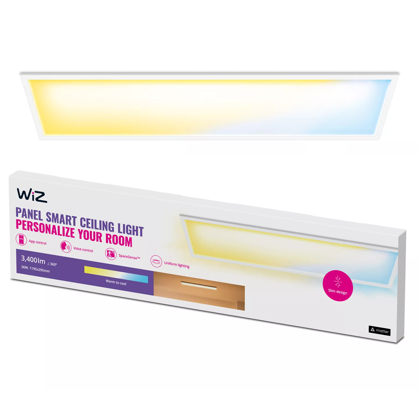 Panel LED Lampa Sufitowa Natynkowa 36W 3400lm 2700-6500K TW 120x30 cm Biała Prostokątna Inteligentna SMART WiFi Bluetooth Aplikacja WiZ - główne zdjęcie produktu