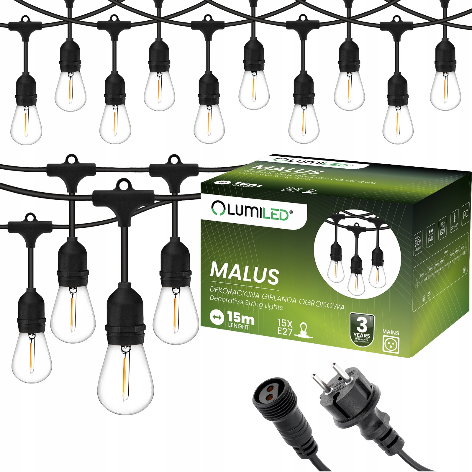 Girlanda Ogrodowa Zewnętrzna MALUS Łańcuch Świetlny 15m 15xE27 + Żarówki LED 1W Ciepła Lumiled - główne zdjęcie produktu