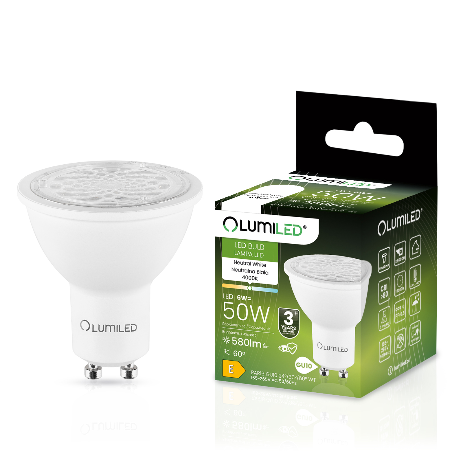 Żarówka LED GU10 Reflektor PAR16 6W = 50W 580lm 4000K Neutralna 24° 36° 60° LUMILED - główne zdjęcie produktu