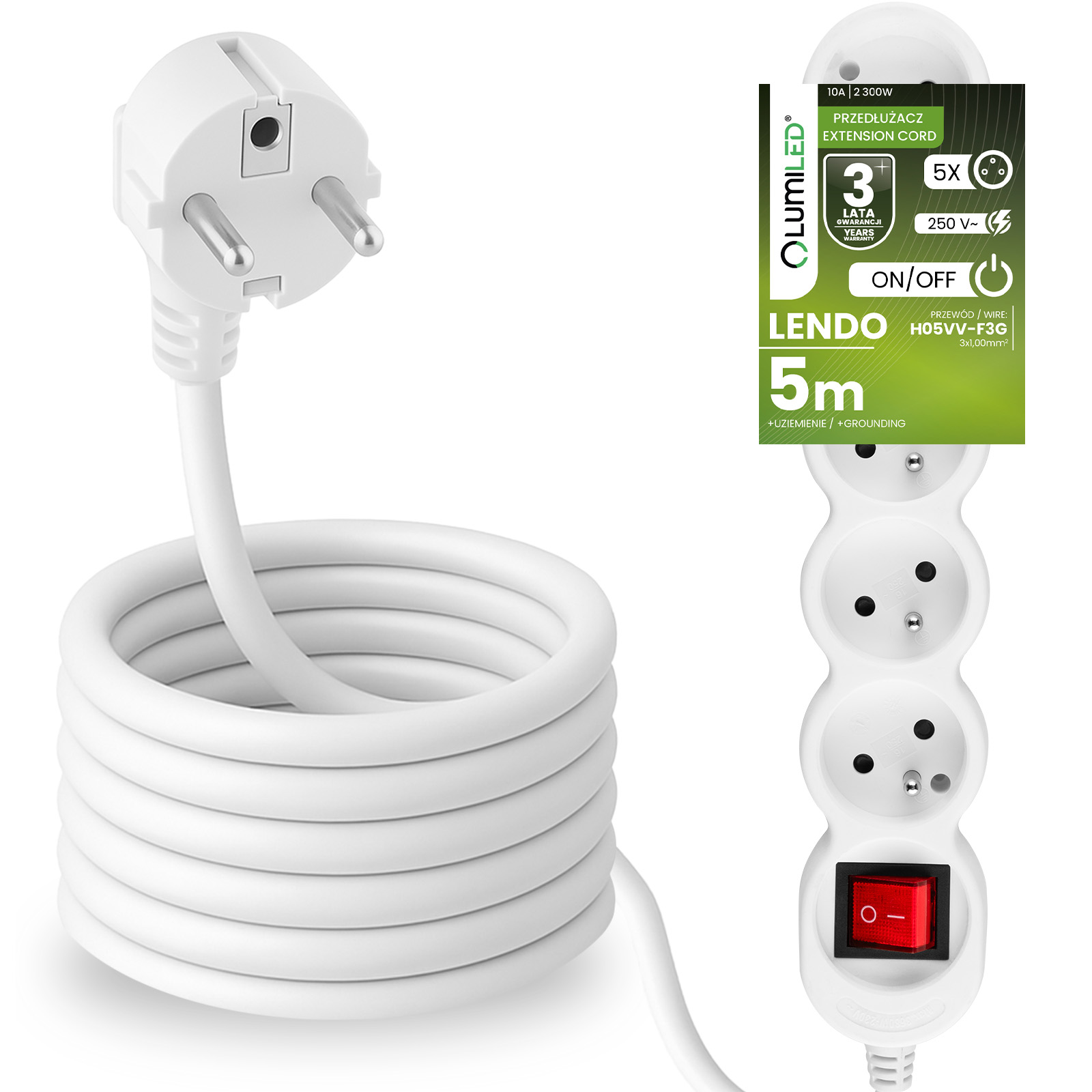 Przedłużacz Sieciowy Kabel z Uziemieniem Listwa Zasilająca 5 Gniazda 5m Włącznik ON/OFF Czarny Sznur Lendo Lumiled - główne zdjęcie produktu