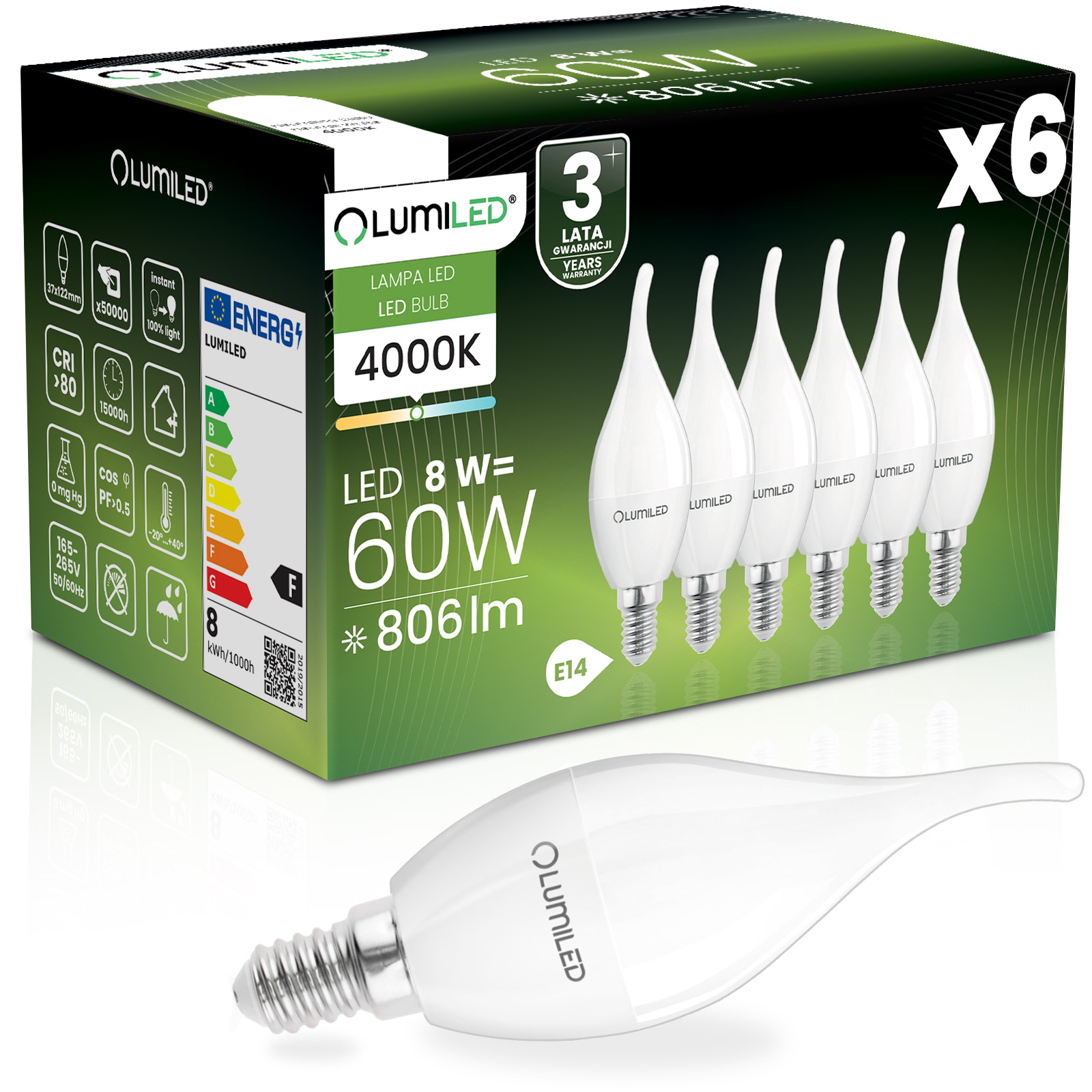 6x Żarówka LED E14 Świeczka BA35 8W = 60W 806lm 4000K Neutralna 180° LUMILED - główne zdjęcie produktu