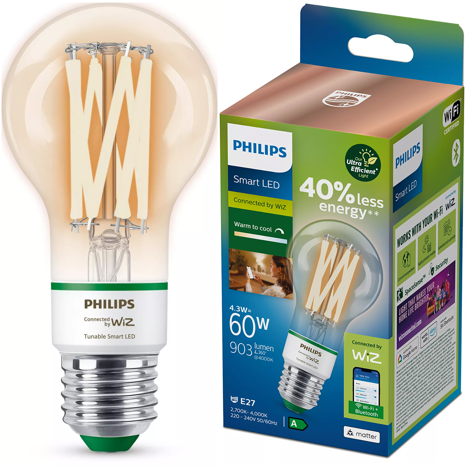 Żarówka LED E27 A60 4.3W = 60W 903lm 2700-4000K TW FILAMENT UltraEfficient Inteligentna SMART WiFi Bluetooth Aplikacja WiZ Philips - główne zdjęcie produktu