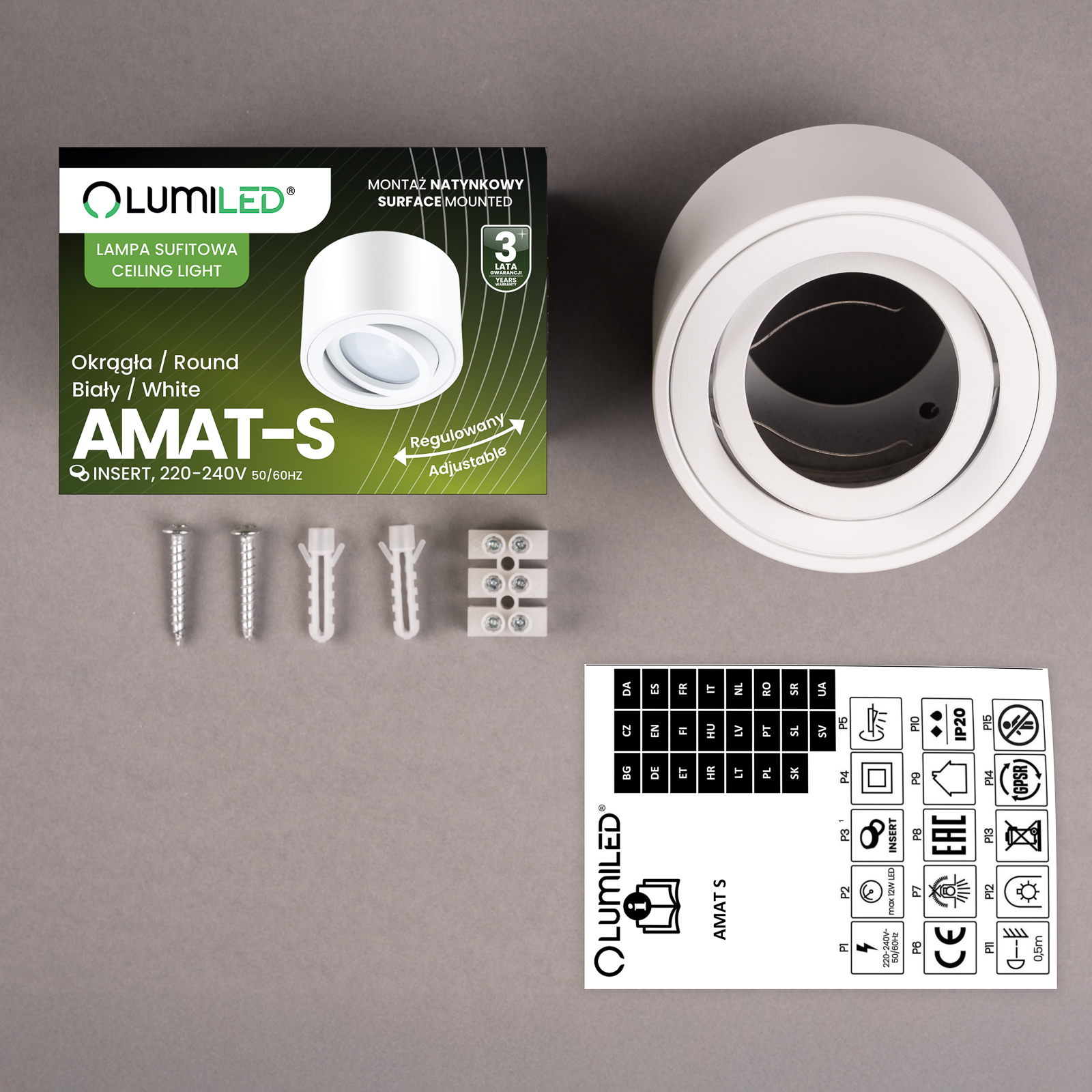 Oprawa Natynkowa HALOGENOWA Spot Tuba Ruchoma Okrągła Biała 50mm AMAT-S LUMILED - skład produktu