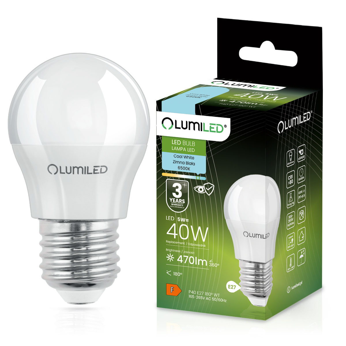 Żarówka LED E27 Kulka P45 5W = 40W 470lm 6500K Zimna 180° LUMILED - główne zdjęcie produktu
