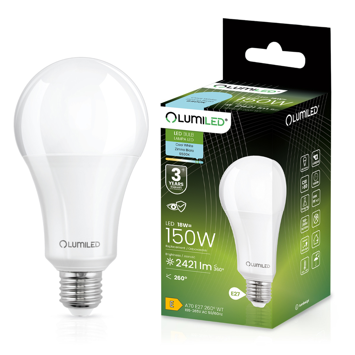 Żarówka LED E27 A60 18W = 150W 2421lm 6500K Zimna 260° LUMILED - główne zdjęcie produktu
