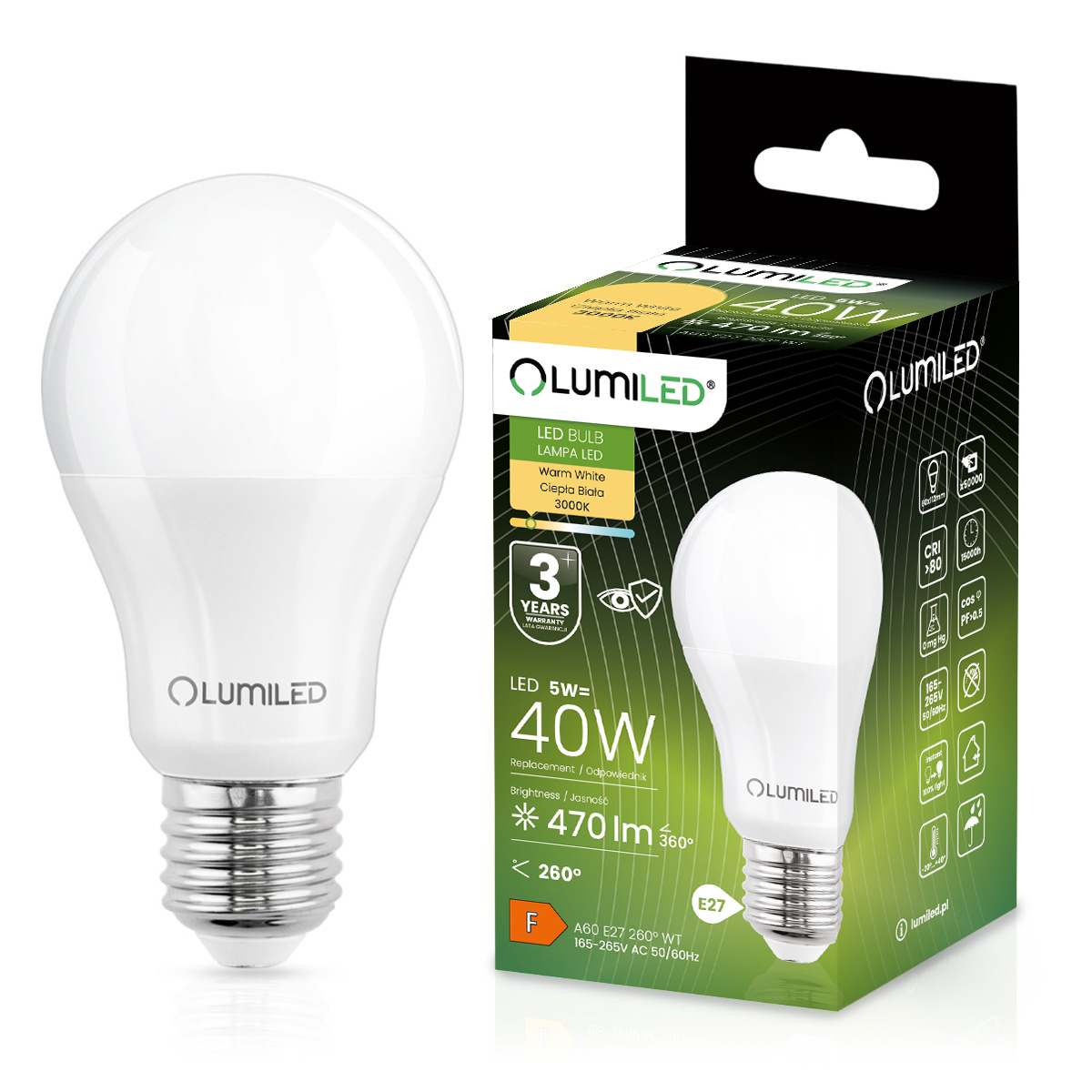 Żarówka LED E27 A60 5W = 40W 470lm 3000K Ciepła 260° LUMILED - główne zdjęcie produktu