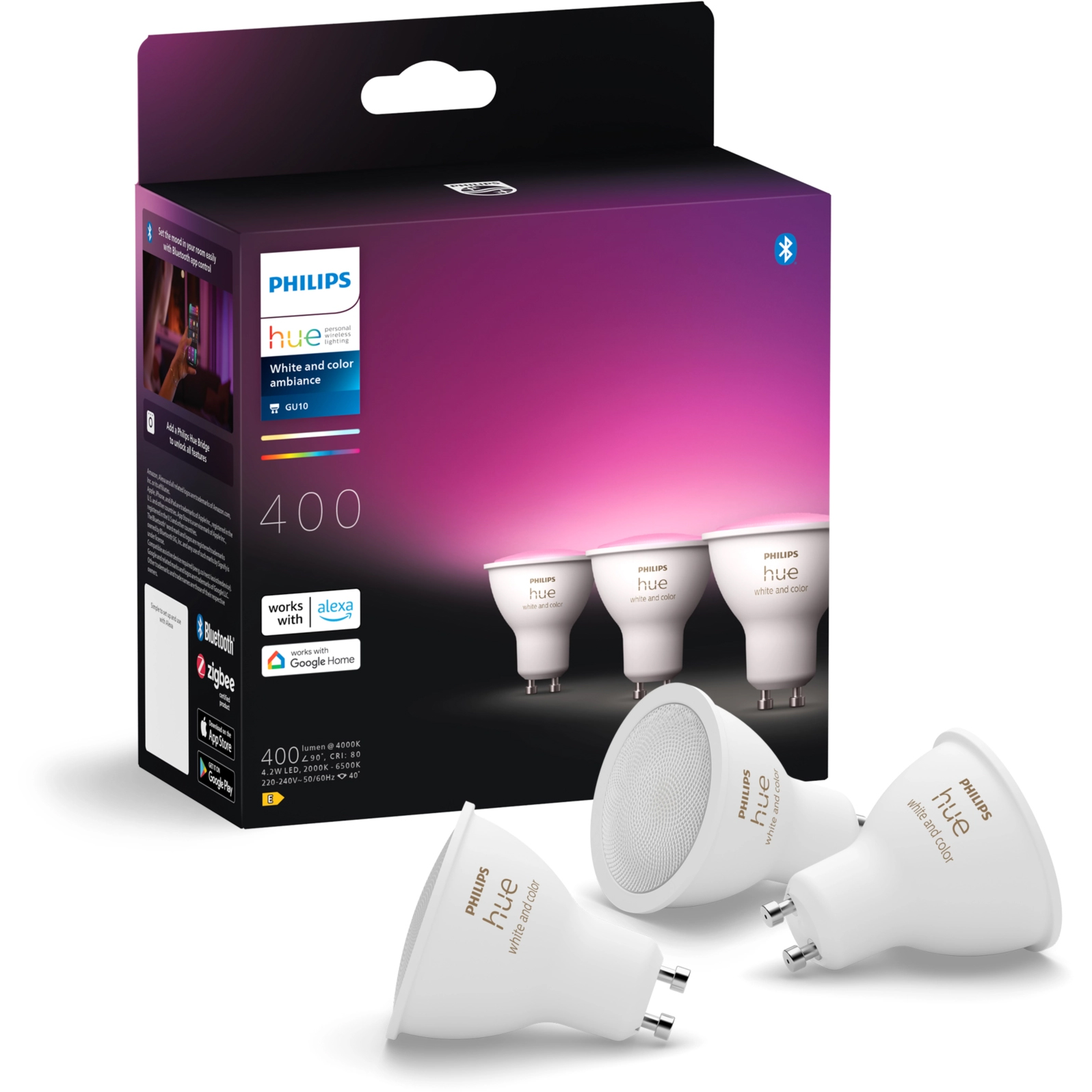 3x Żarówka LED GU10 Reflektor 4.2W = 50W 400lm 2000-6500K CCT + RGB SMART Inteligentna Bluetooth ZigBee White and Color Ambiance Philips HUE - główne zdjęcie produktu