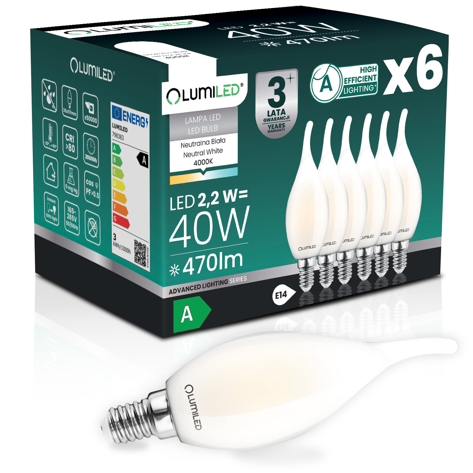 6x Żarówka LED E14 Świeczka BA35 2,2W 470lm = 40W 4000K Neutralna 360° Filament KLASA A LUMILED - główne zdjęcie produktu