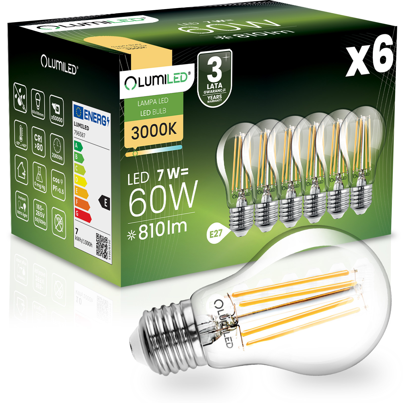 6x Żarówka LED E27 A60 7W = 60W 810lm 4000K Neutralna 360° FILAMENT LUMILED - główne zdjęcie produktu