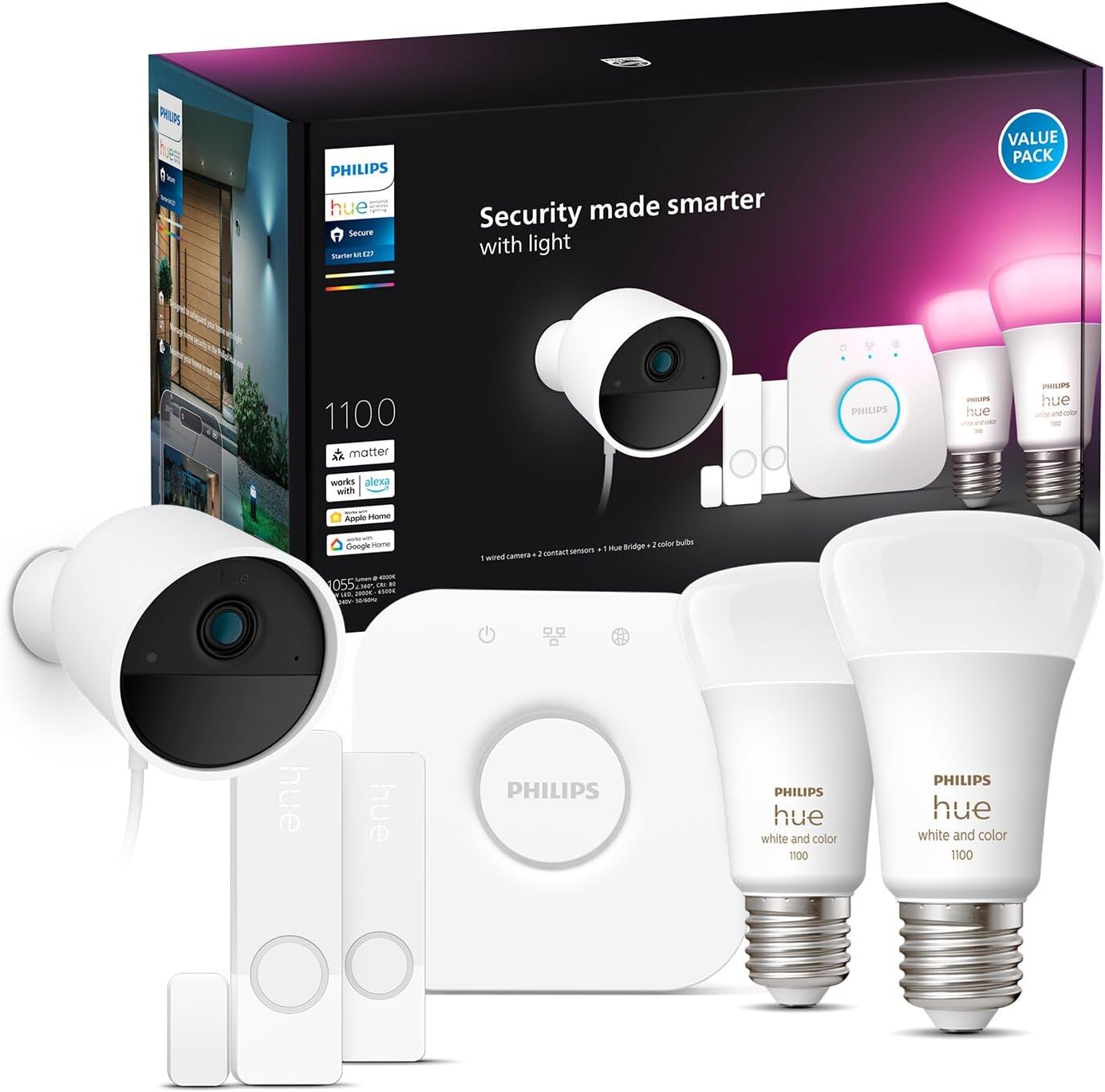 2x Żarówka LED E27 A60 9W = 75W 1100lm 2000-6500K CCT + RGB SMART Inteligentna Bluetooth ZigBee White and Color Ambiance + Mostek BRIDGE + Kamera IP 1080p Full HD + Czujnik Kontaktu Otwarcia/Zamknięcia Secure Philips HUE - główne zdjęcie produktu