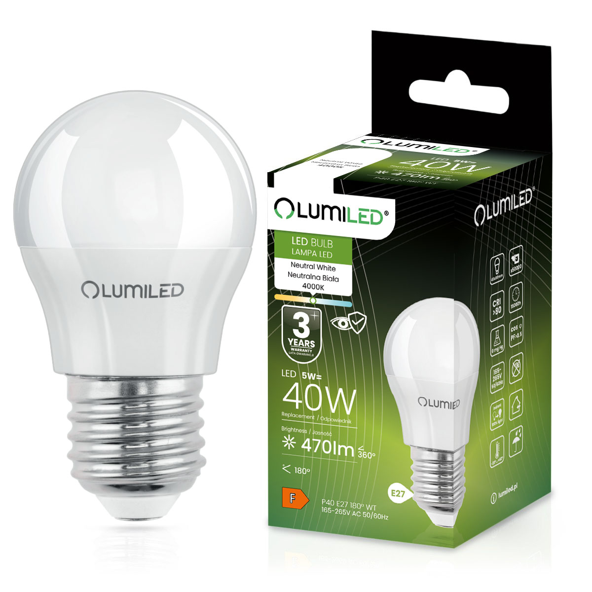 Żarówka LED E27 Kulka P45 5W = 40W 470lm 4000K Neutralna 180° LUMILED - główne zdjęcie produktu