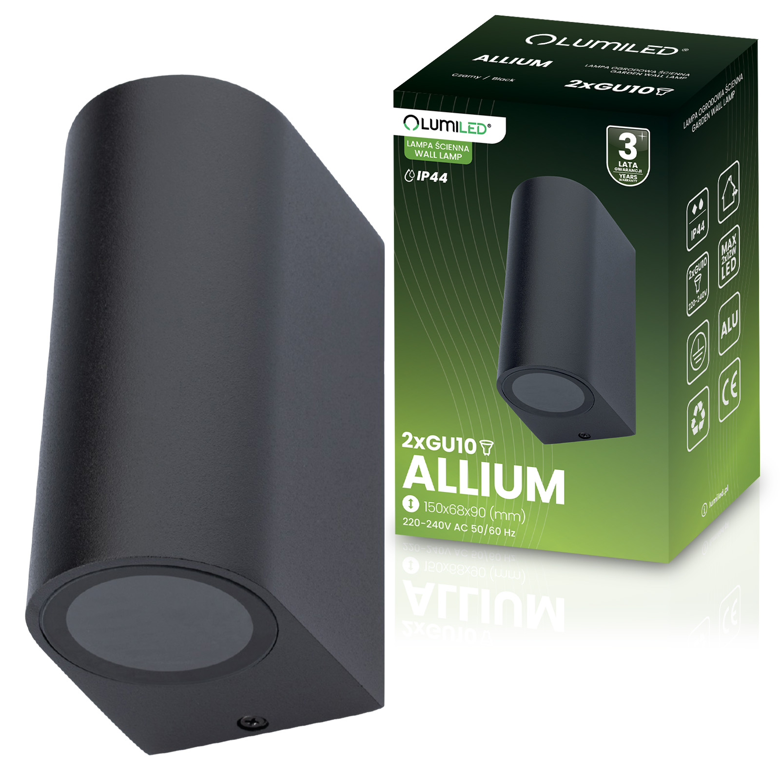Kinkiet Ogrodowy Elewacyjny Lampa Zewnętrzna 2xGU10 ALLIUM Czarna LUMILED - główne zdjęcie produktu