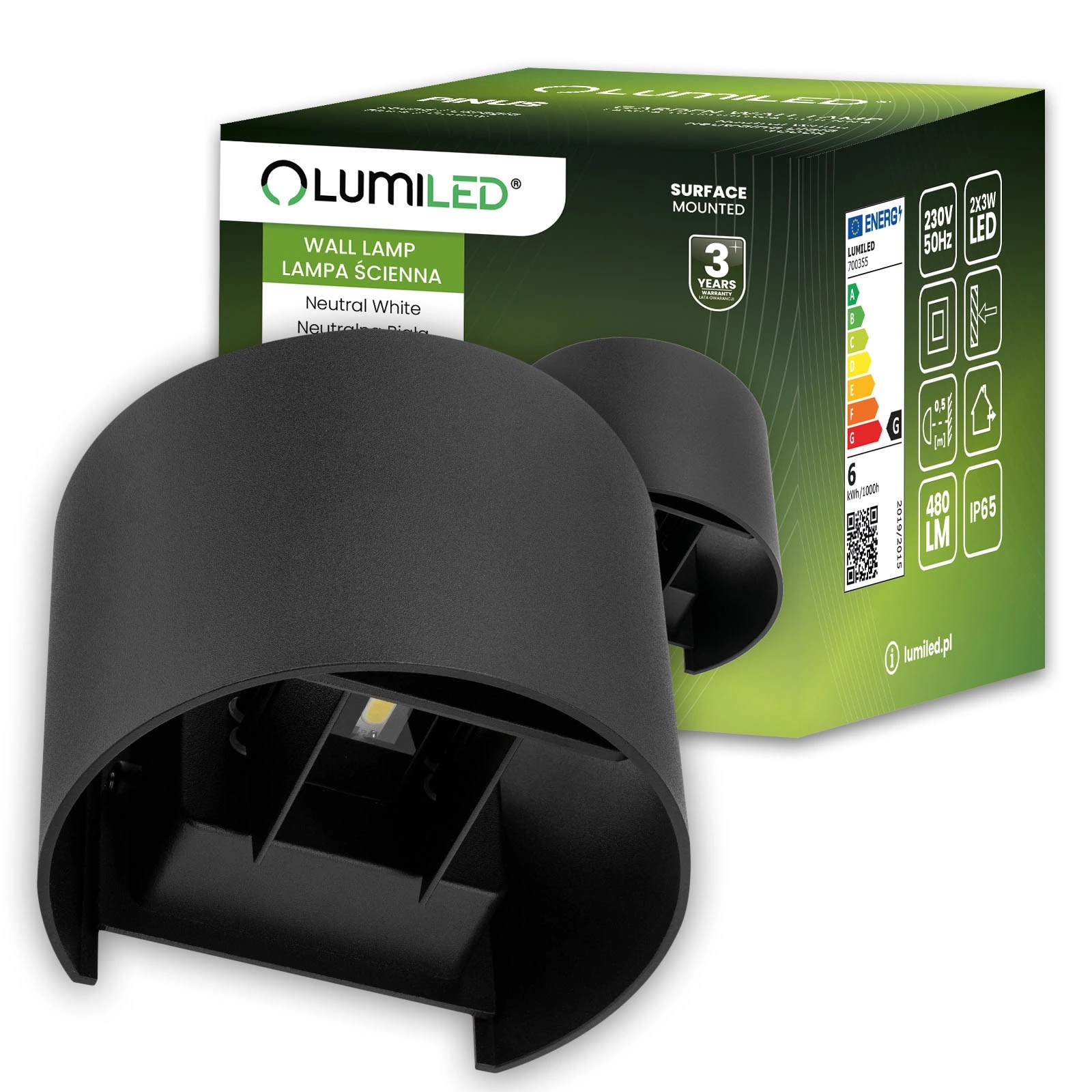 Kinkiet Ogrodowy Elewacyjny LED 2x3W 4000K Regulowany góra dół Czarny PINUS LUMILED - główne zdjęcie produktu