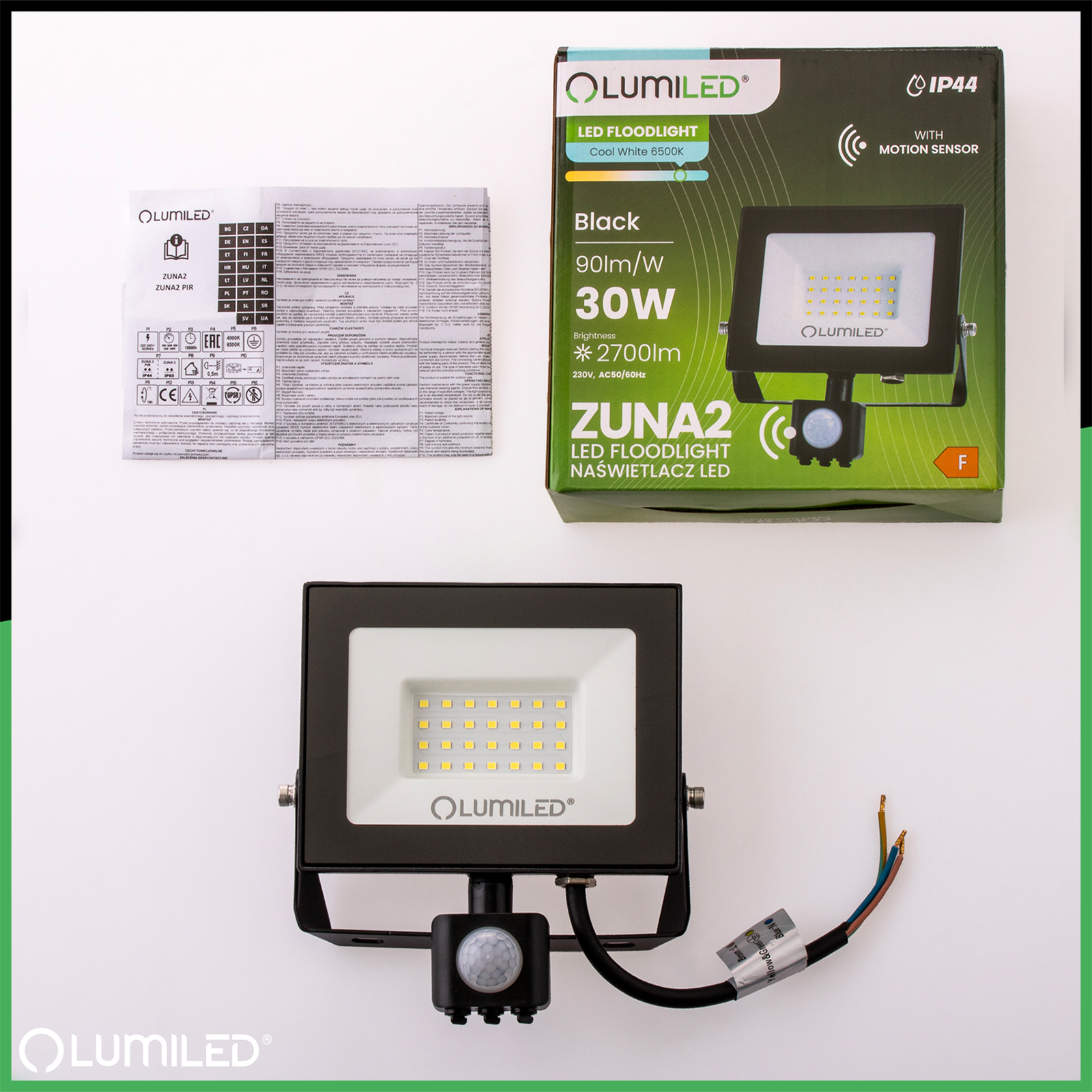 Naświetlacz LED ZUNA2 30W 2700lm 6500K IP44 Czarny Czujnik Ruchu LUMILED - skład produktu