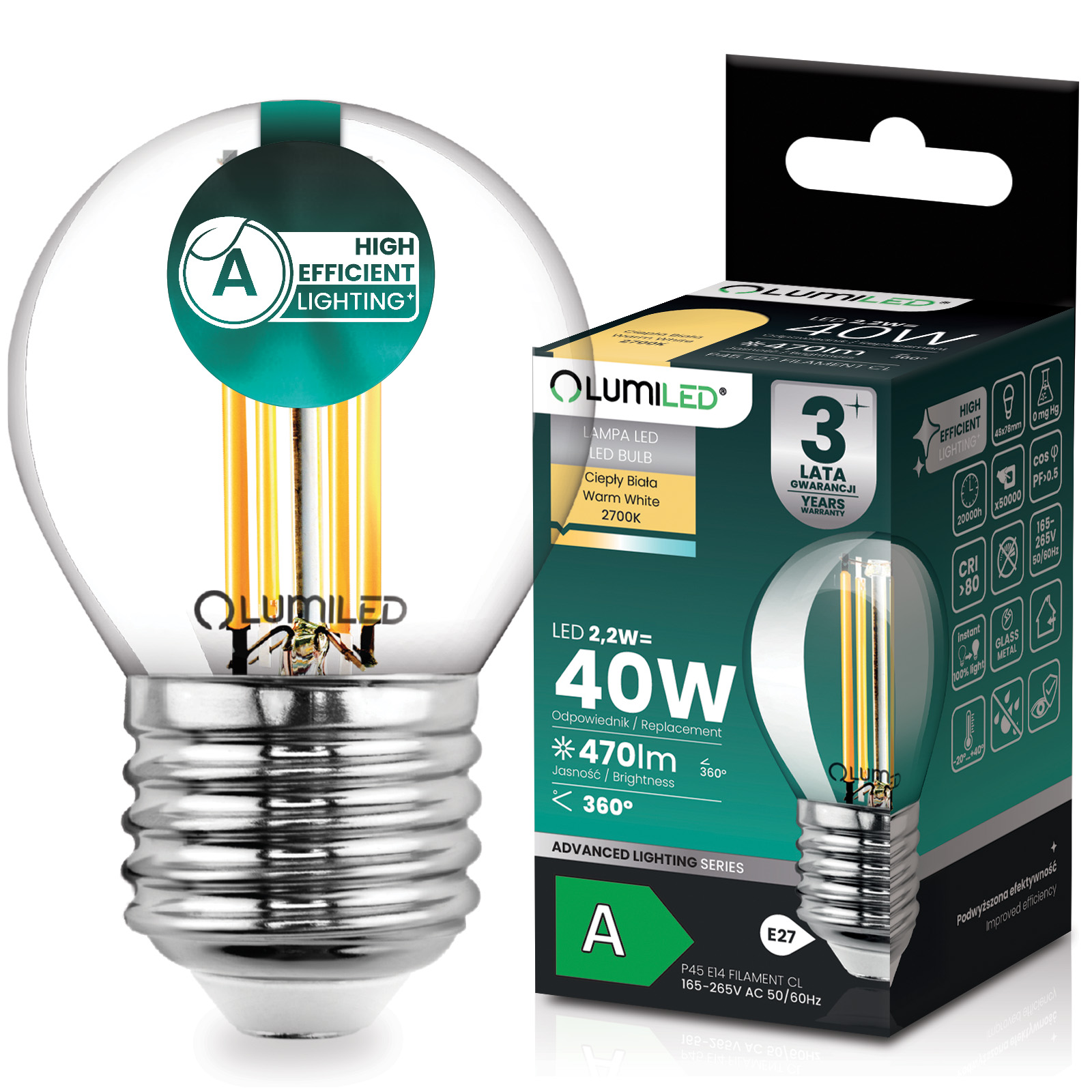 Żarówka LED E27 Kulka P45 2,2W 470lm = 40W 2700K Ciepła 360° Filament KLASA A LUMILED - główne zdjęcie produktu