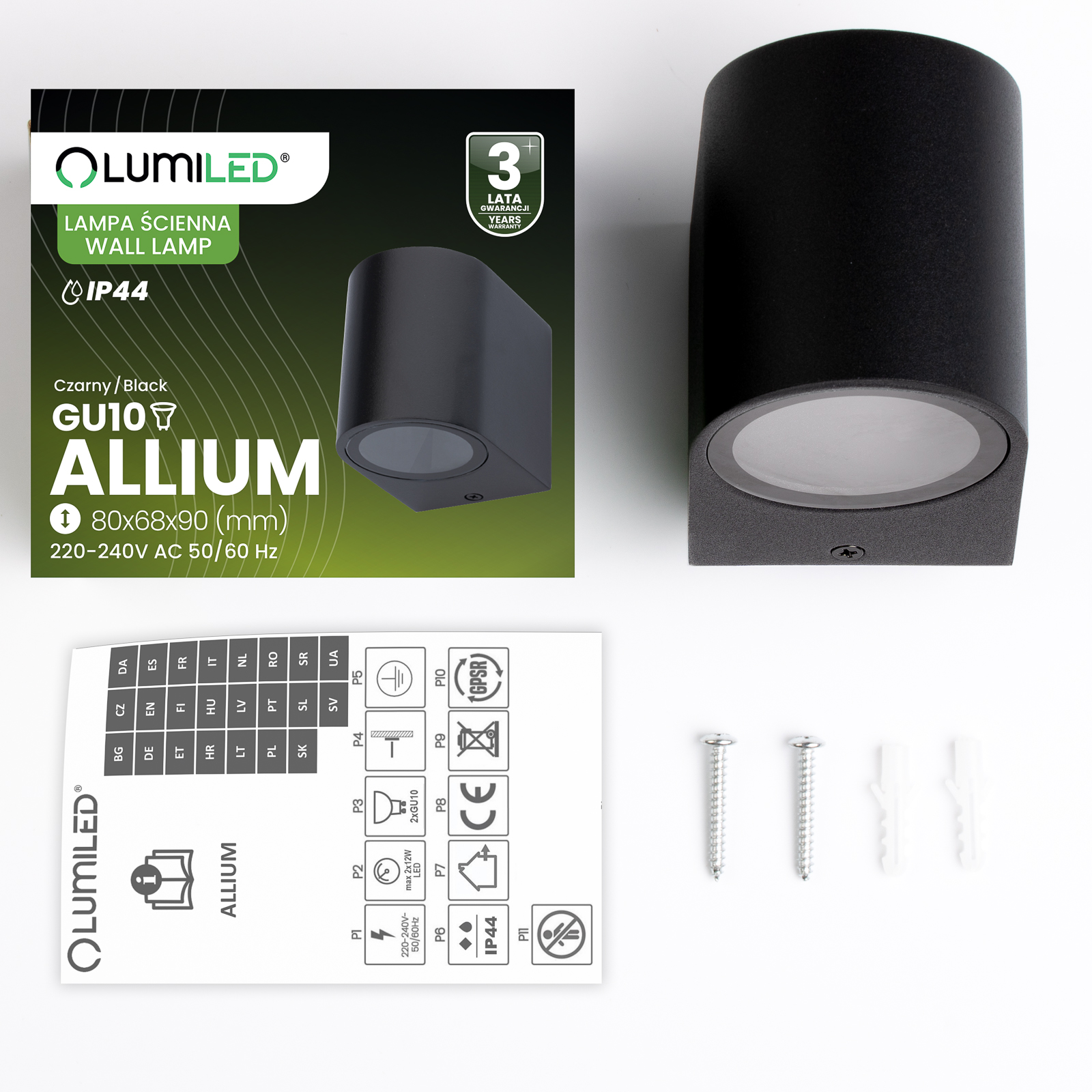 Kinkiet Ogrodowy Elewacyjny Lampa Zewnętrzna GU10 ALLIUM Czarna LUMILED - skład produktu