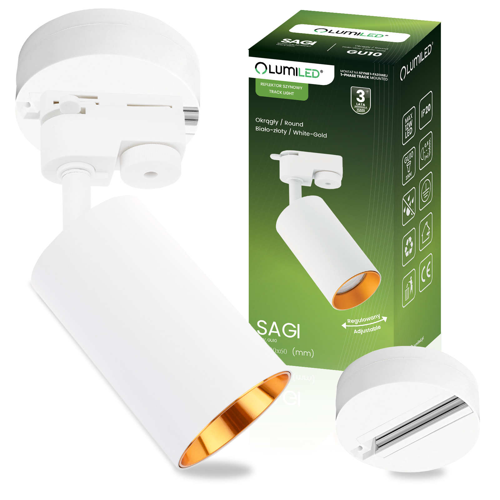 ZESTAW LUMILED SZYNA HUMA BIAŁY + REFLEKTOR SZYNOWY SAGI BIAŁO-ZŁOTY - główne zdjęcie produktu
