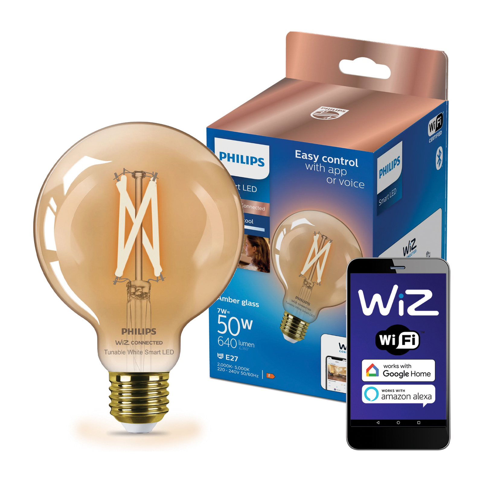 Żarówka LED E27 Kula G95 7W = 50W 640lm 2000-5000K TW FILAMENT Bursztynowa Inteligentna SMART WiFi Bluetooth Aplikacja WiZ Philips - główne zdjęcie produktu