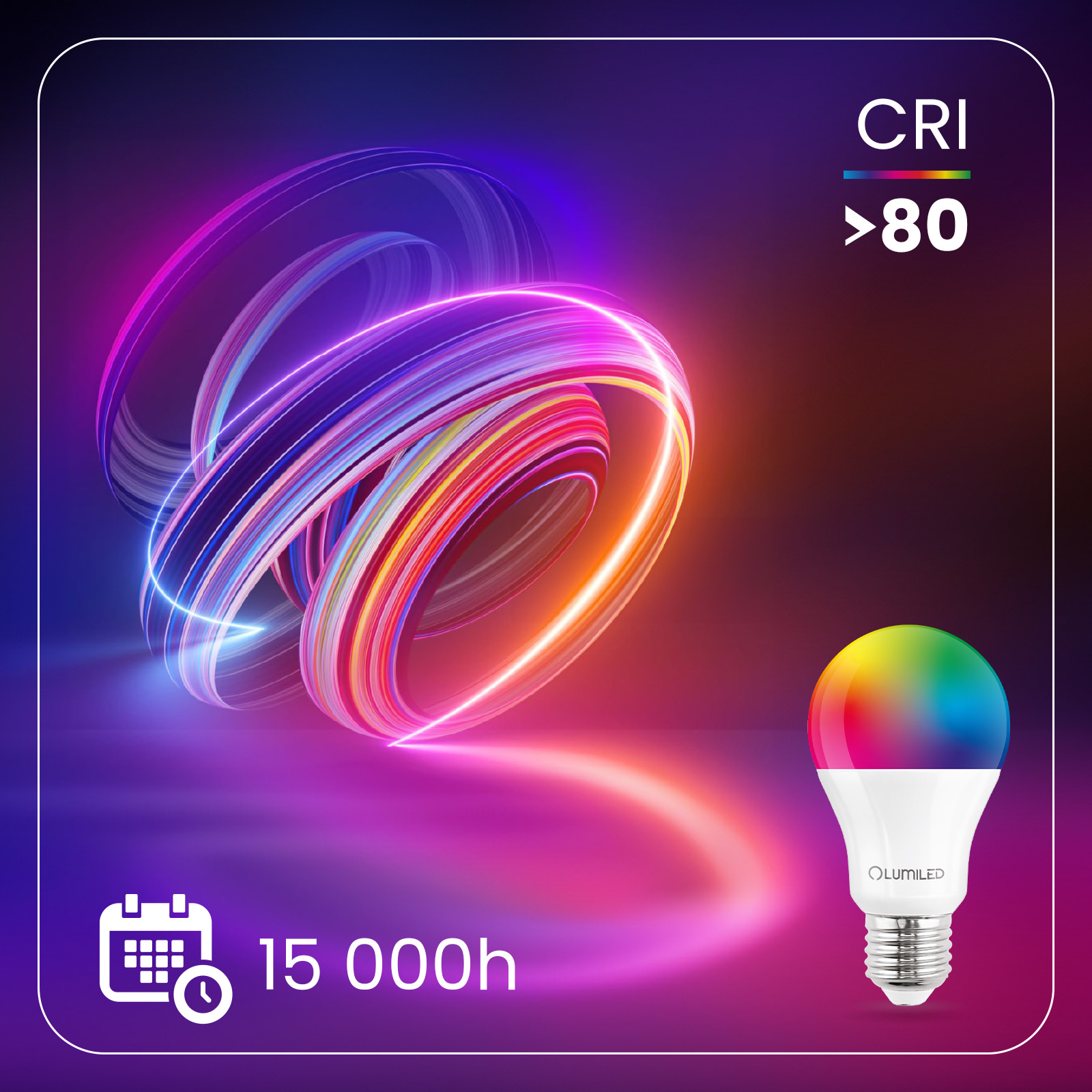 Żarówka LED E27 A60 9W = 60W 806lm 6500K + RGB Wielokolorowa 260° Ściemnialna Pilot LUMILED - druga cecha produktu