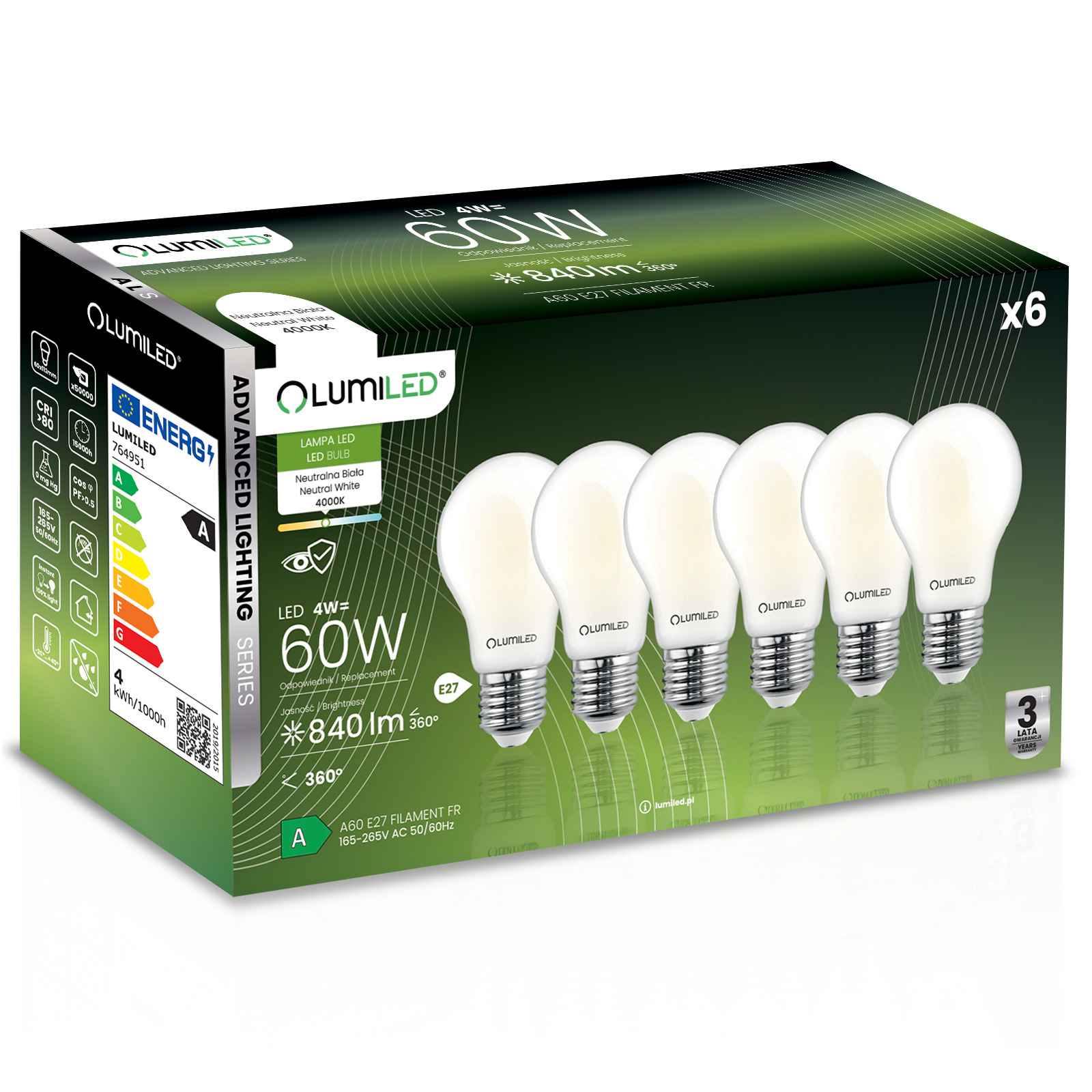 6x Żarówka LED E27 A60 4W = 60W 840lm 4000K Neutralna 360° FILAMENT LUMILED - główne zdjęcie produktu