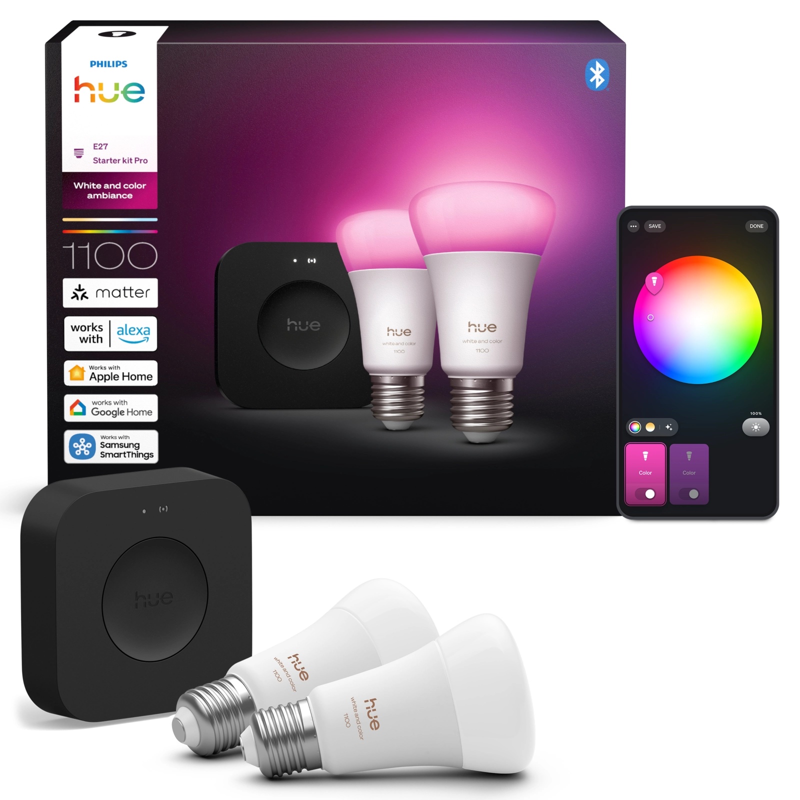 2x Żarówka LED E27 A60 8.1W = 75W 1100lm CCT + RGB SMART Inteligentna Bluetooth ZigBee White and Color Ambiance + Mostek Bridge PRO Philips HUE - główne zdjęcie produktu