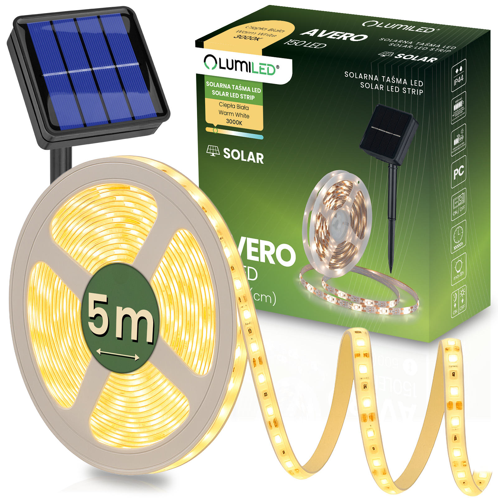 Taśma LED Solarna Pasek 150x LED AVERO 3000K Ciepła IP44 5m LUMILED - główne zdjęcie produktu