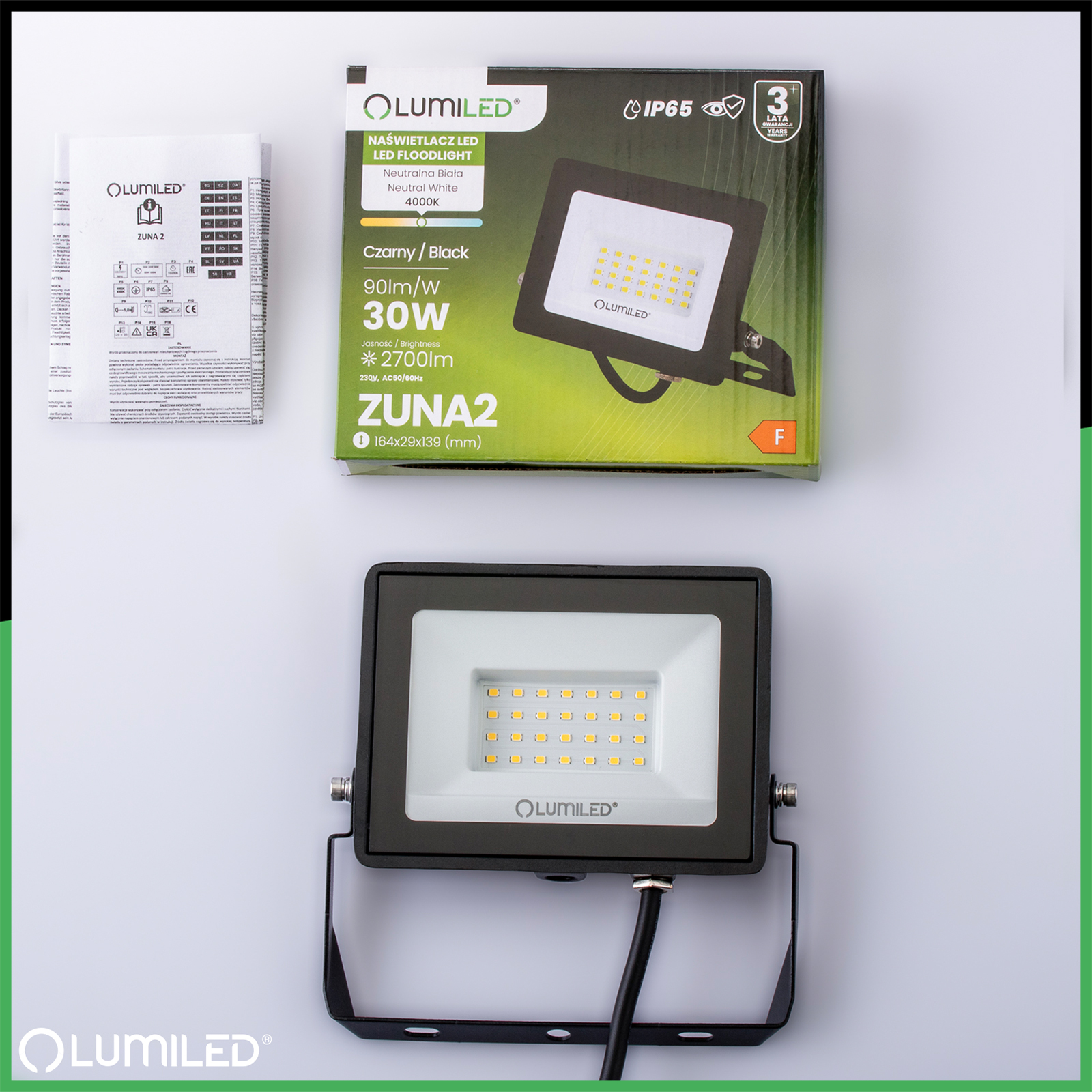 Naświetlacz LED ZUNA2 30W 2700lm 4000K IP65 Czarny LUMILED - skład produktu
