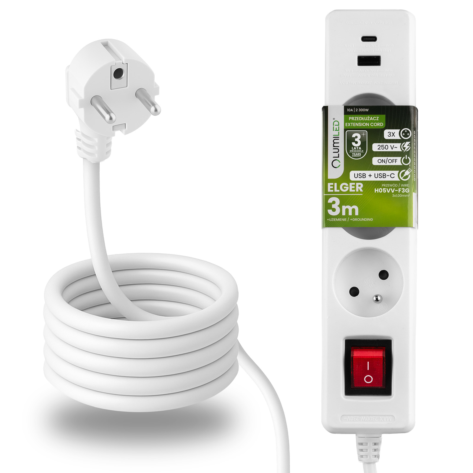 Przedłużacz Sieciowy Kabel z Uziemieniem Listwa Zasilająca 3 Gniazda 3m Włącznik ON/OFF Biały USB + USB-C Sznur ELGER Lumiled - główne zdjęcie produktu
