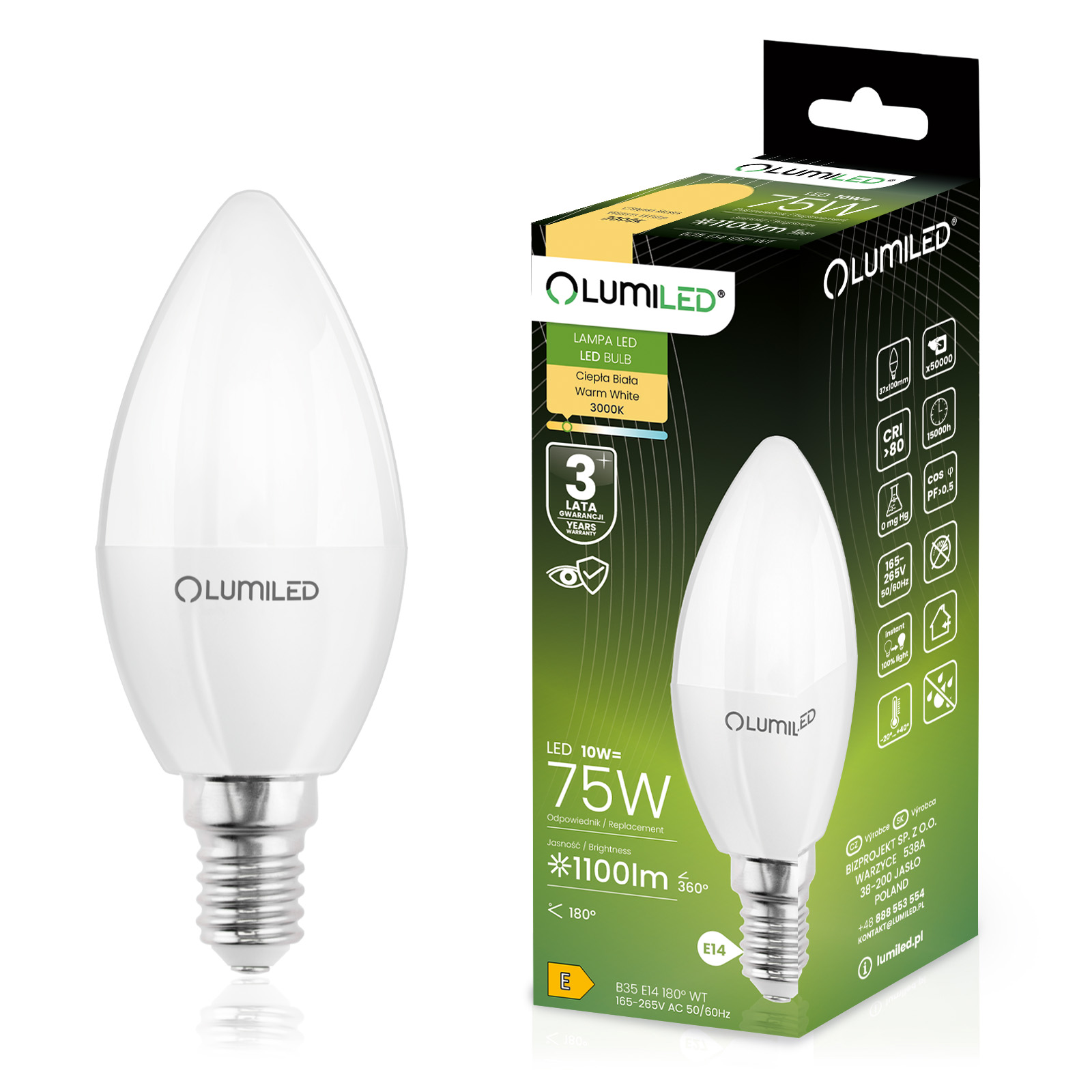 Żarówka LED E14 Świeczka B35 10W = 75W 1100lm 3000K Ciepła 180° LUMILED - główne zdjęcie produktu