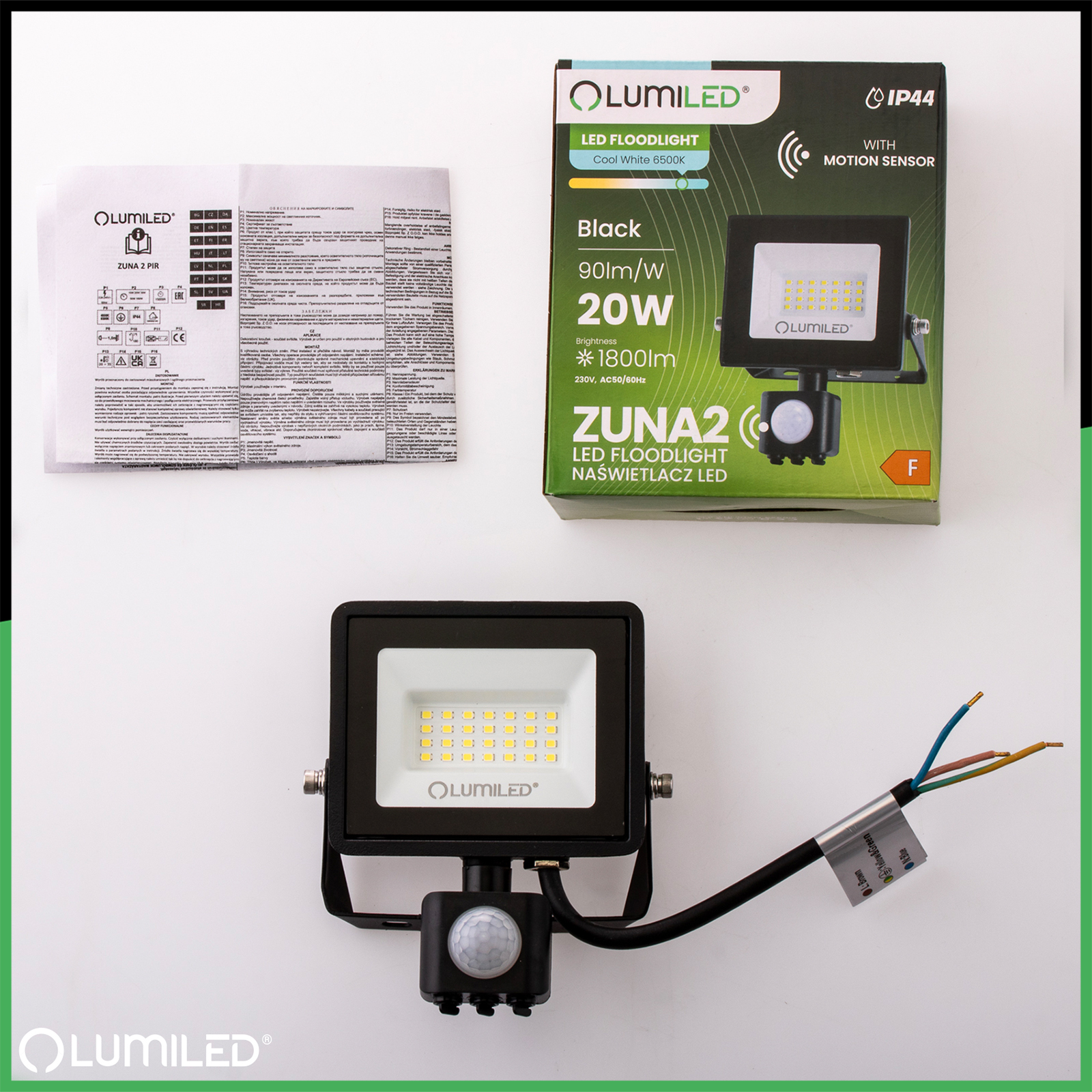 Naświetlacz LED ZUNA2 20W 1800lm 6500K IP44 Czarny Czujnik Ruchu LUMILED - skład produktu
