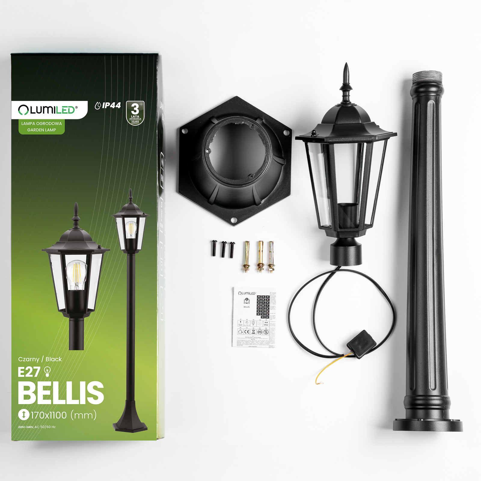 Lampa Ogrodowa Zewnętrzna E27 SŁUPEK LATARNIA 110cm Czarna BELLIS LUMILED - skład produktu