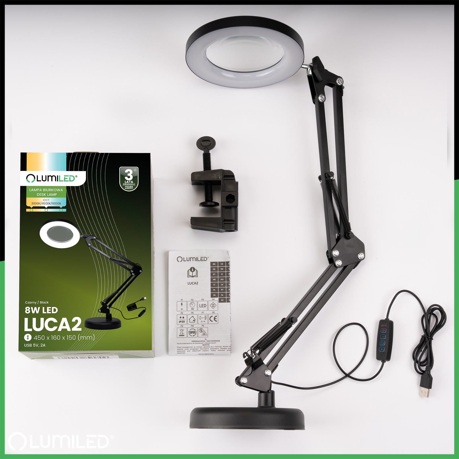 Lampka Biurkowa LED 8W CCT Kreślarska Stołowa 3x Szkło Powiększające Lupa LUCA 2 Czarna LUMILED - skład produktu