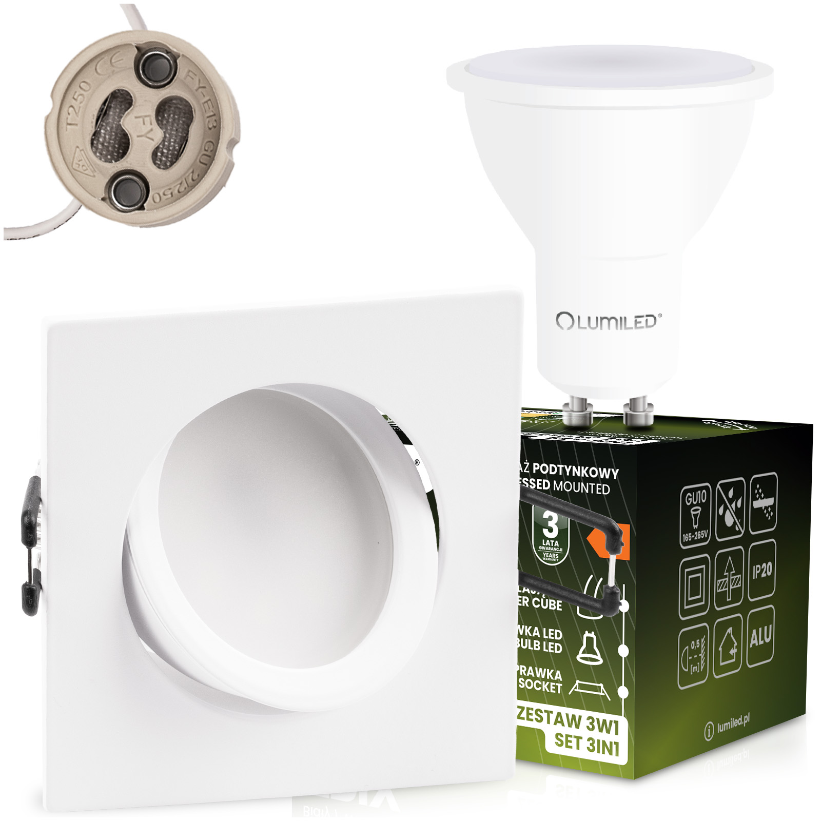 Oprawa Halogenowa Podtynkowa Kwadratowa Ruchoma TRIX 3w1 GU10 6W 3000K BIAŁY MAT LUMILED - główne zdjęcie produktu