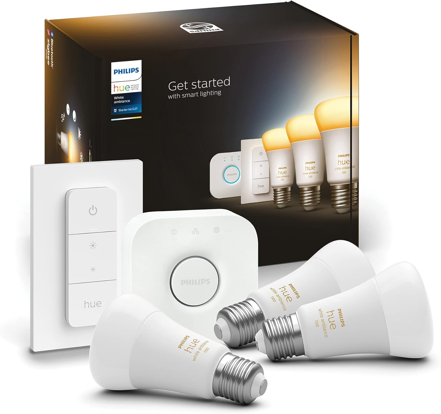 3x Żarówka LED E27 A60 10.5W = 75W 1055lm 2200-6500K CCT SMART Inteligentna Bluetooth ZigBee White Ambiance + Mostek Bridge + Regulator PILOT Zestaw Startowy Philips HUE - główne zdjęcie produktu