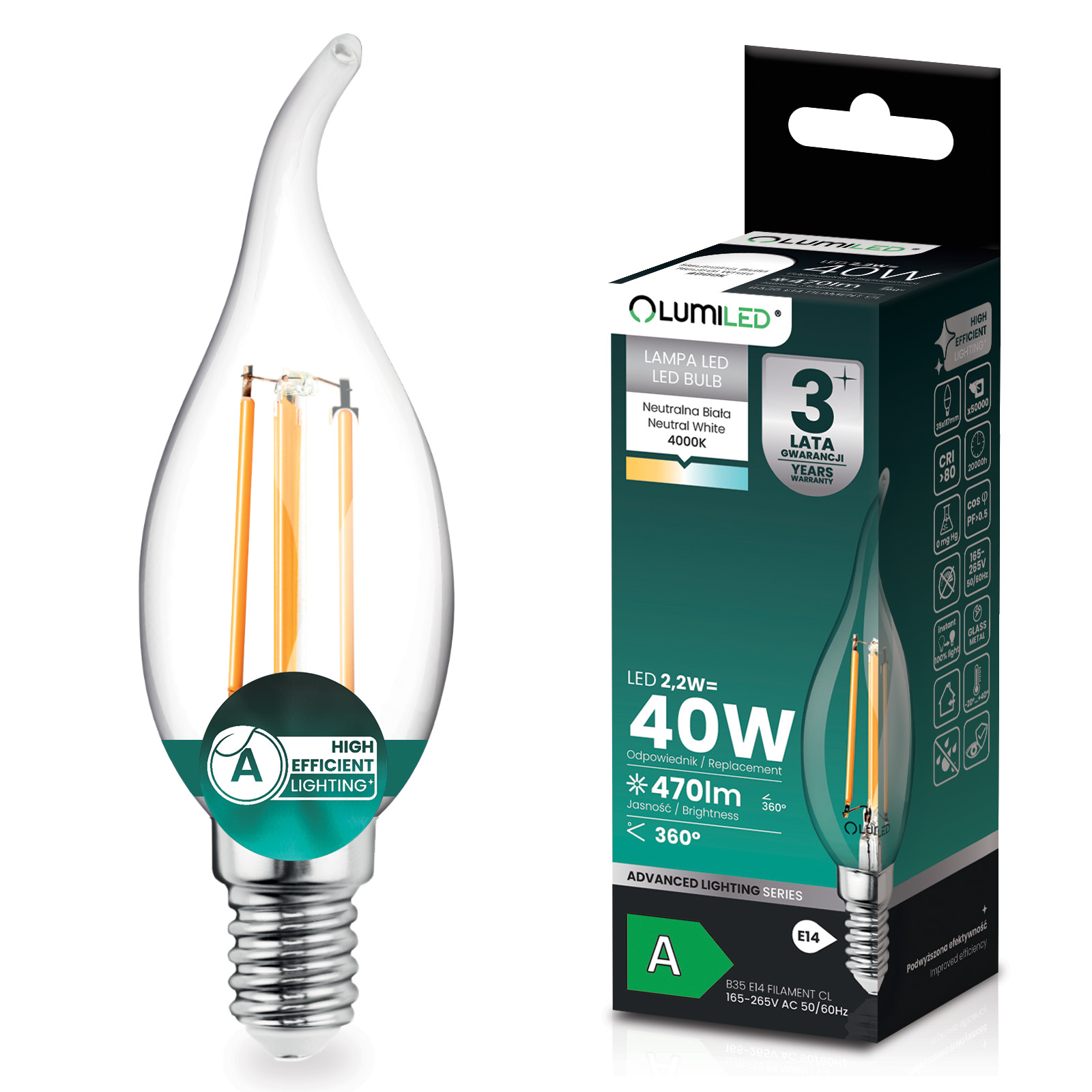 Żarówka LED E14 Świeczka BA35 2,2W 470lm = 40W 4000K Neutralna 360° Filament KLASA A LUMILED - główne zdjęcie produktu