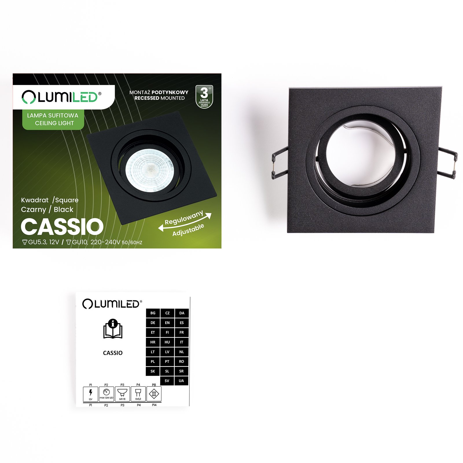 Oprawa HALOGENOWA Podtynkowa Ruchoma GU10 MR16 Kwadrat Czarna CASSIO LUMILED - skład produktu
