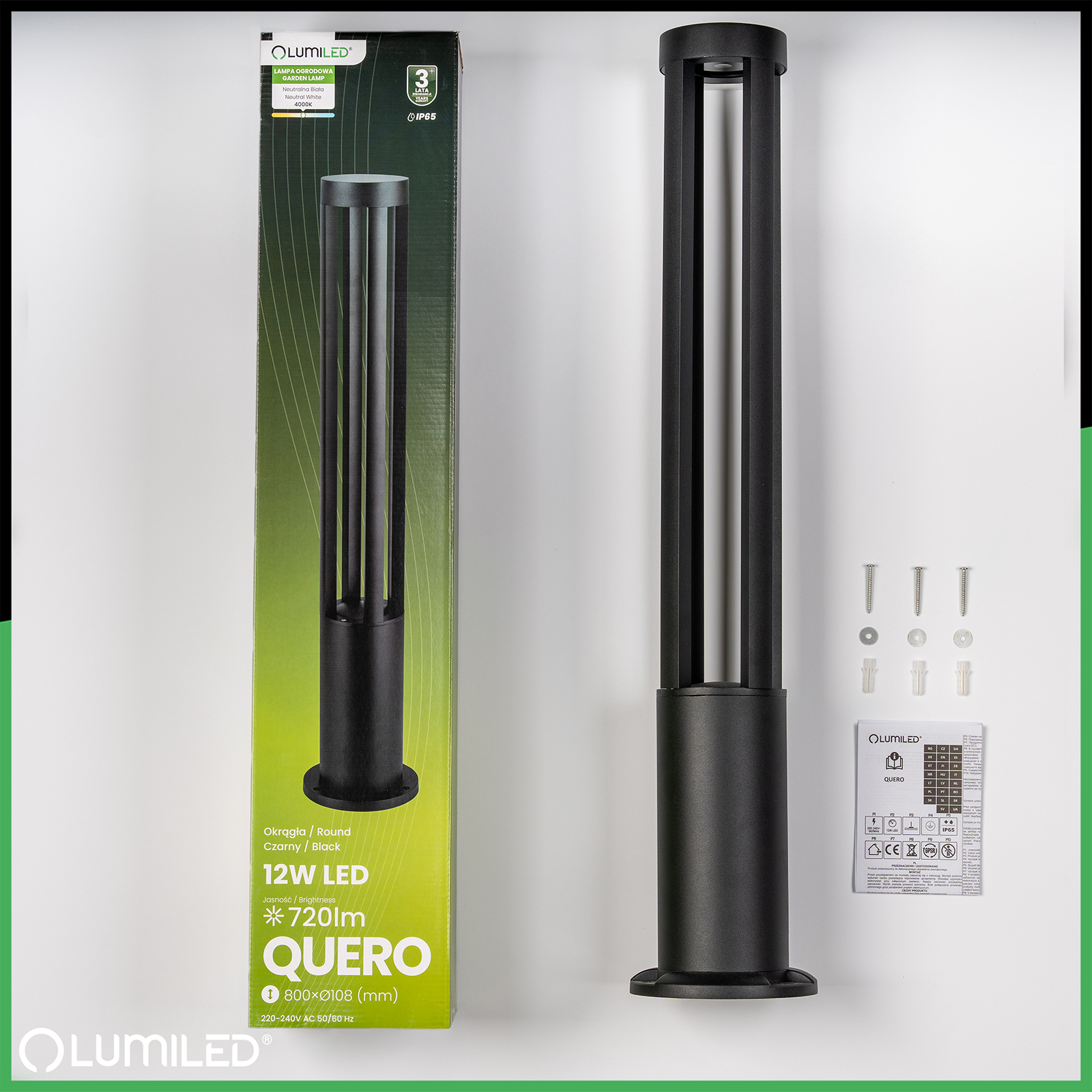 Lampa Ogrodowa Słupek Zewnętrzny Stojący 12W LED 4000K QUERO 80cm LUMILED - skład produktu